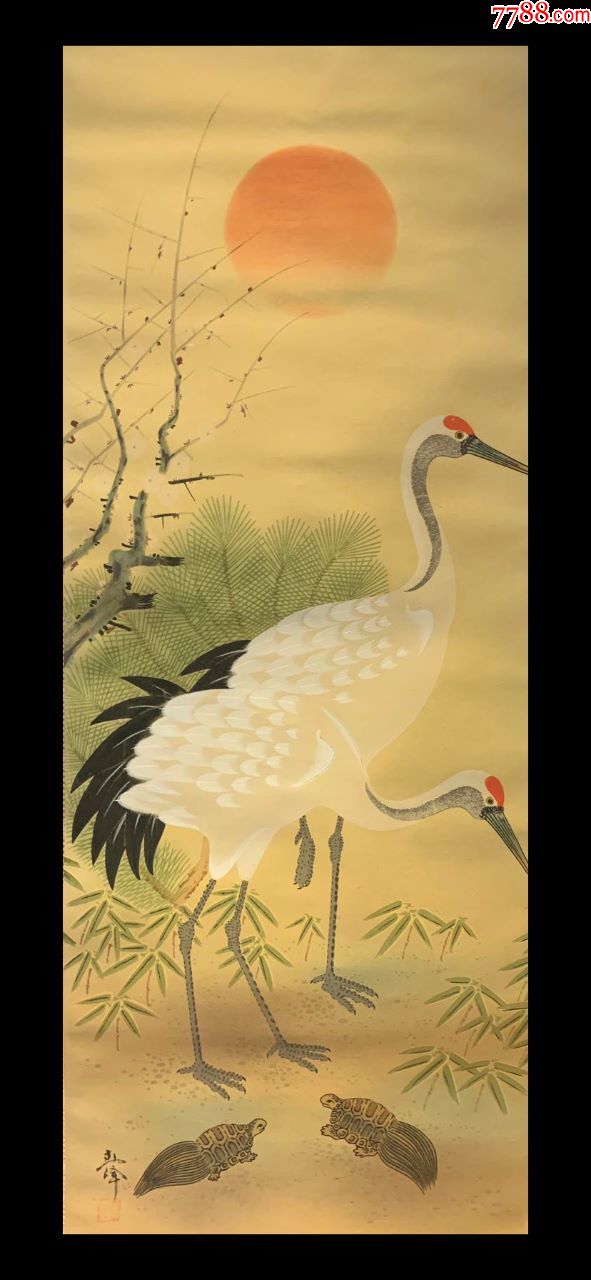 龟鹤长寿古字画民国清代老字画浮世绘画春茶室书房中堂挂轴