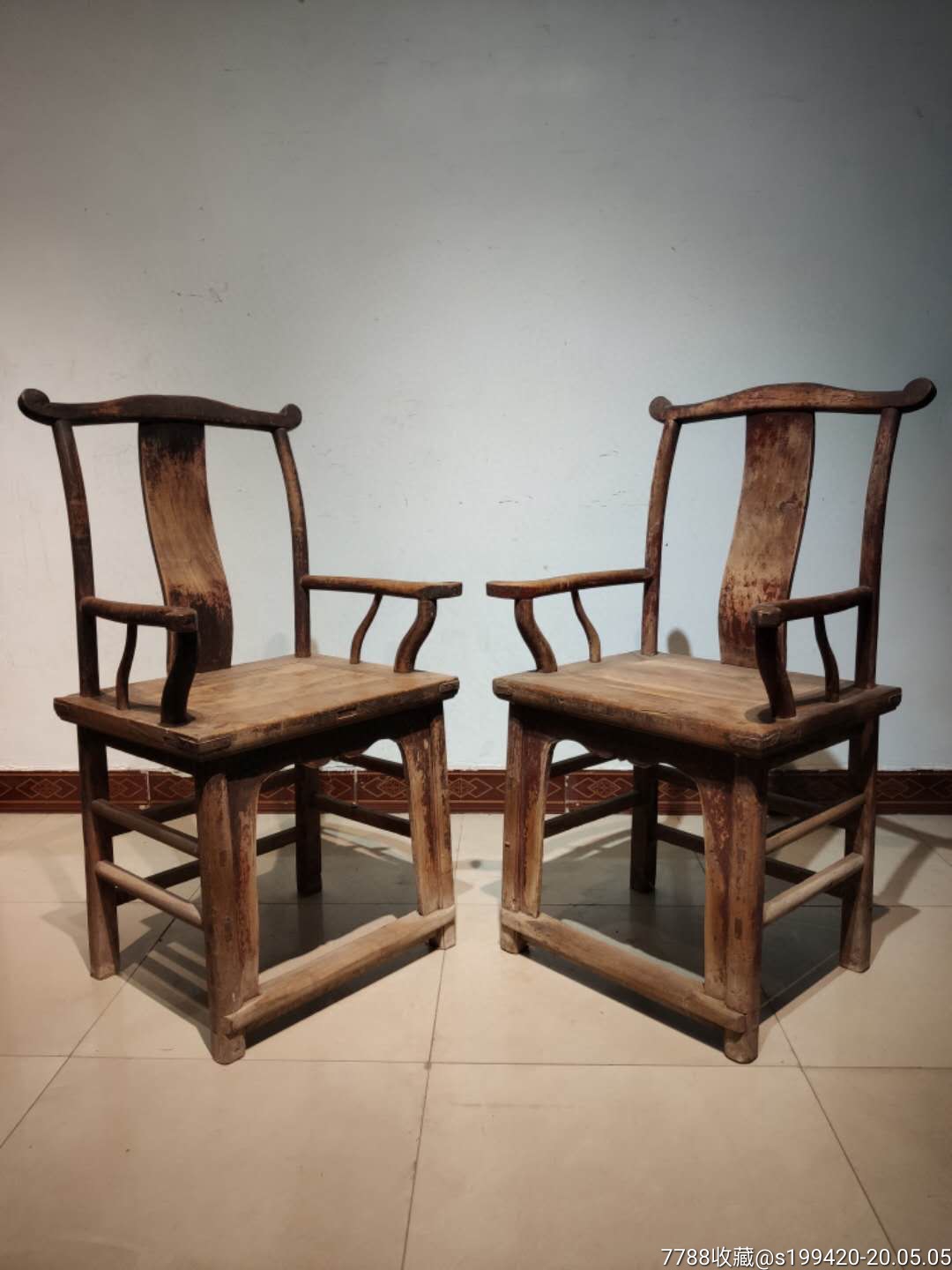 清代榆木官帽椅一对大光背s形坐着舒服品相一流做工精细完整牢固包老