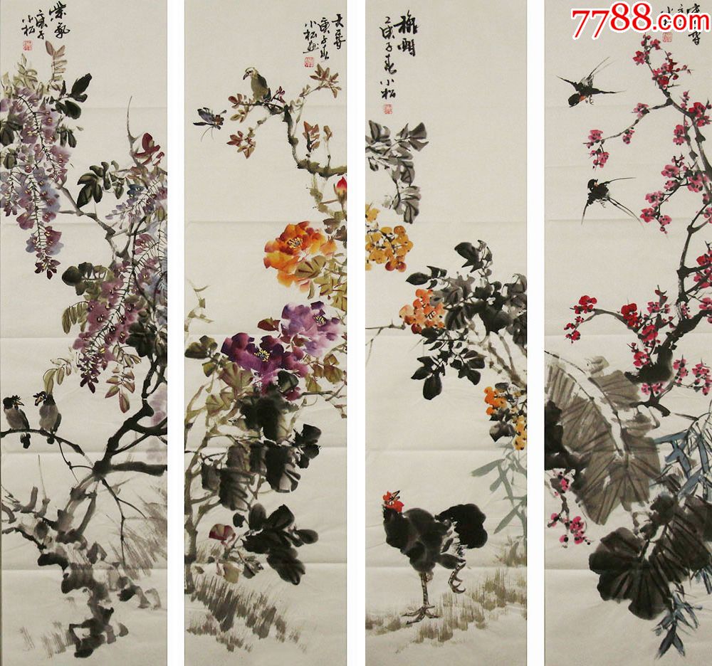 【真迹】蒋小松,广西美术家协会会员手绘精品《四季花鸟春夏秋冬四条