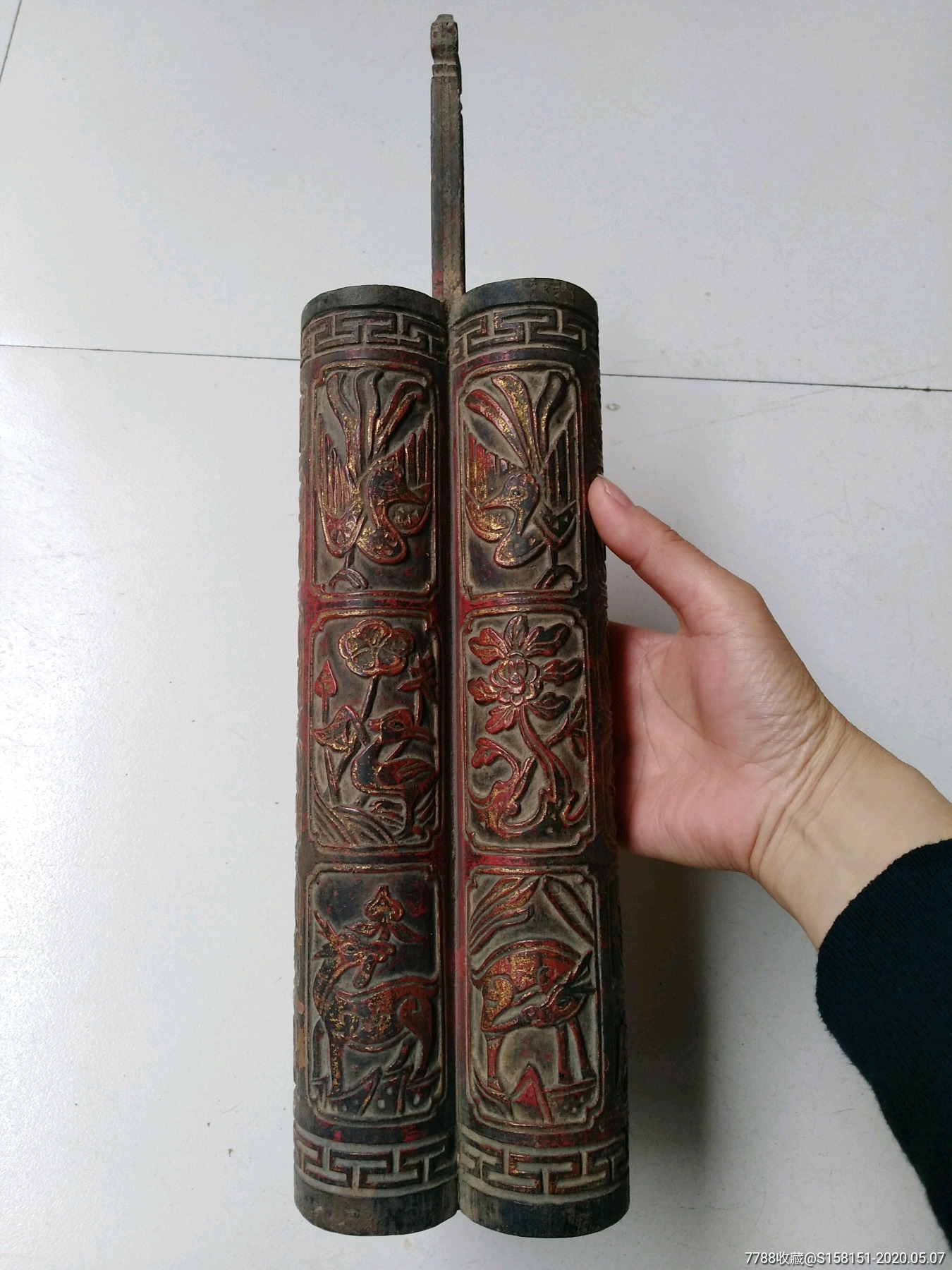 清代竹雕嫁妆筷子筒—早生贵子