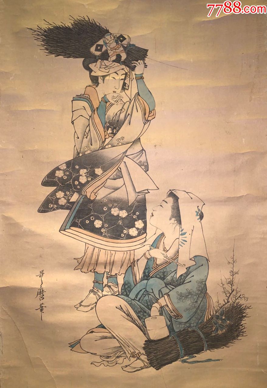 清代印刷版画哥磨大原女清代老字画浮世绘画春茶室书房中堂挂轴