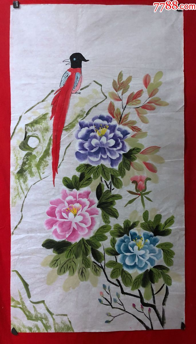 书画原作5241无款花鸟画牡丹三尺全开