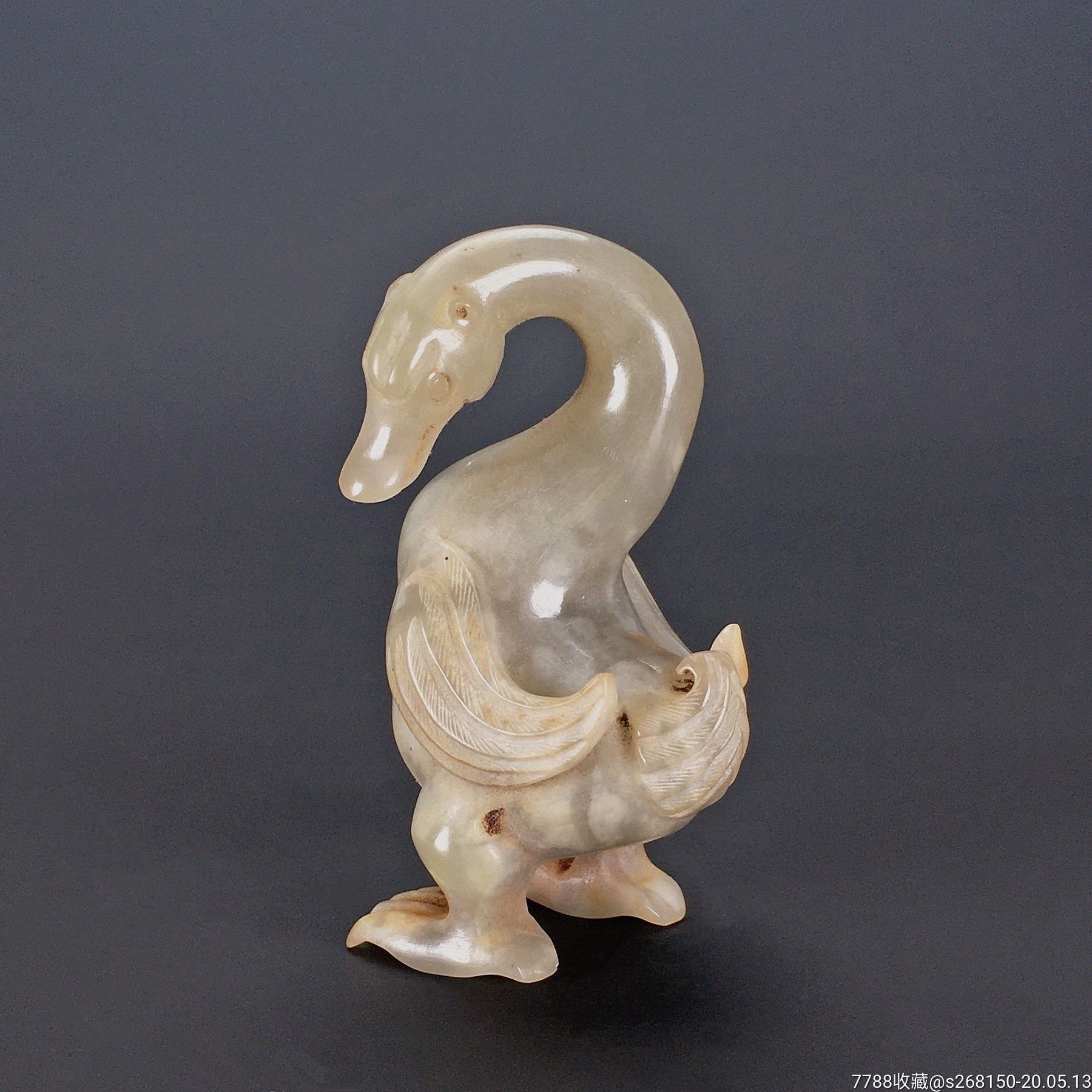 清中期和田玉青白玉玉鹅(一组)摆件