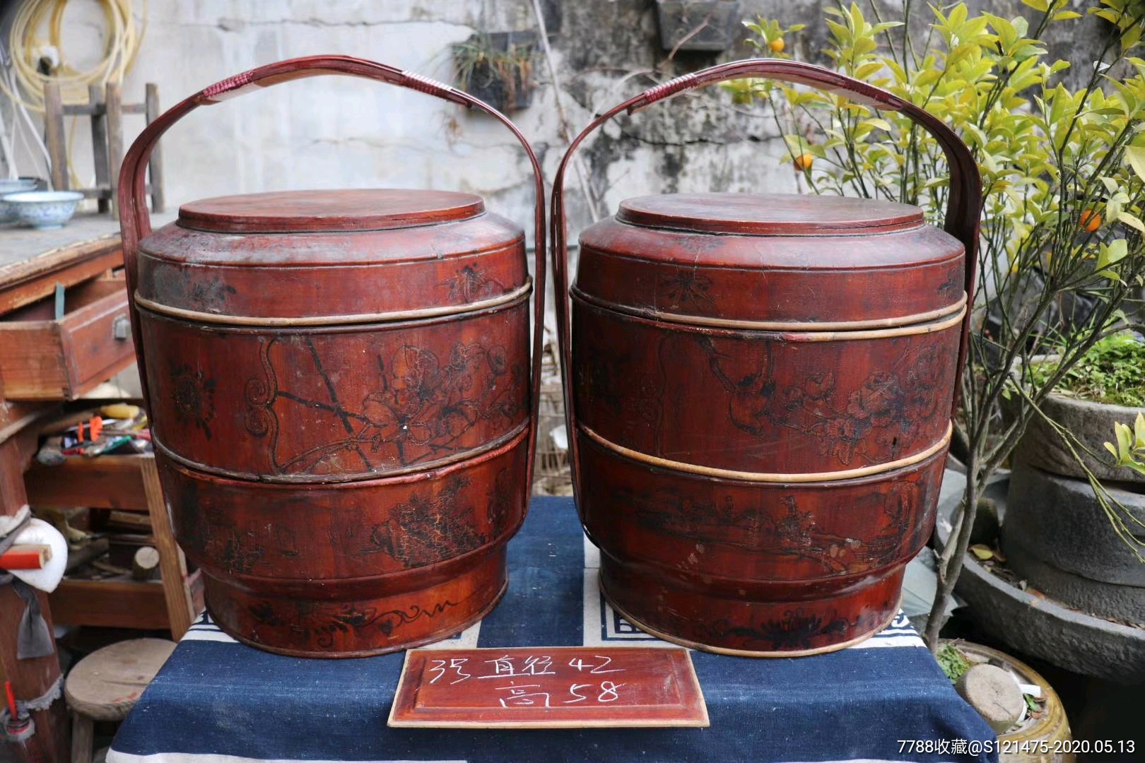 民俗老物件老木食盒微有瑕疵