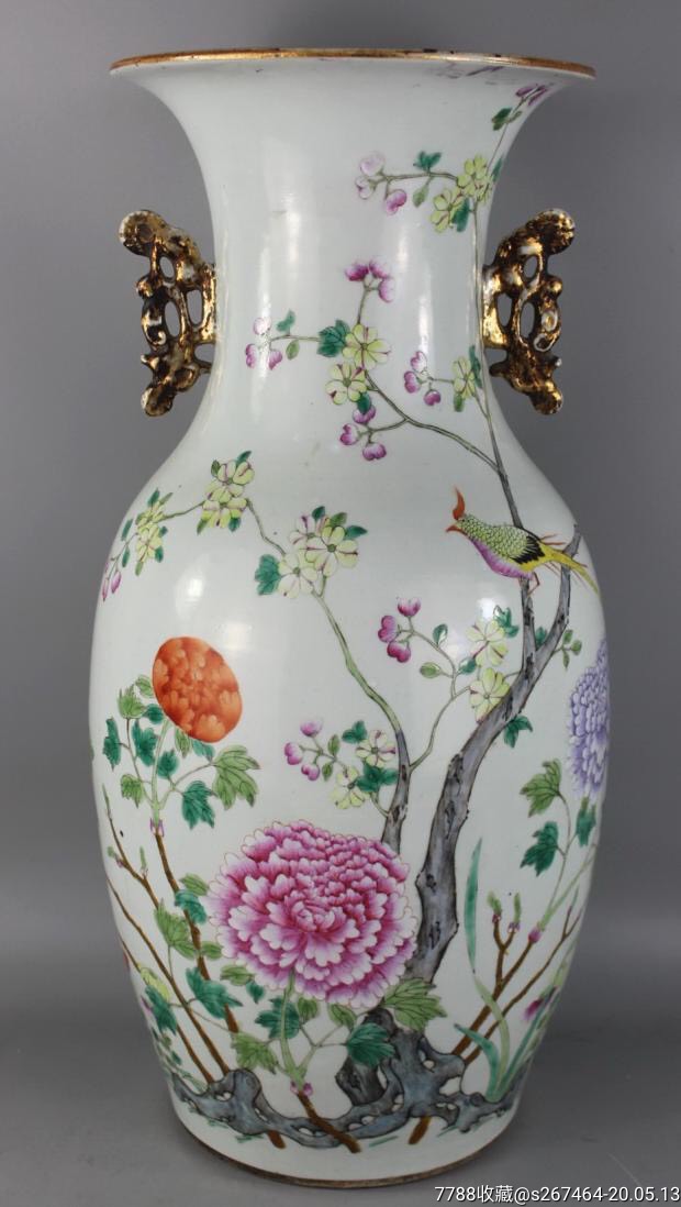 ba4702清光绪粉彩细路花鸟双耳大瓶