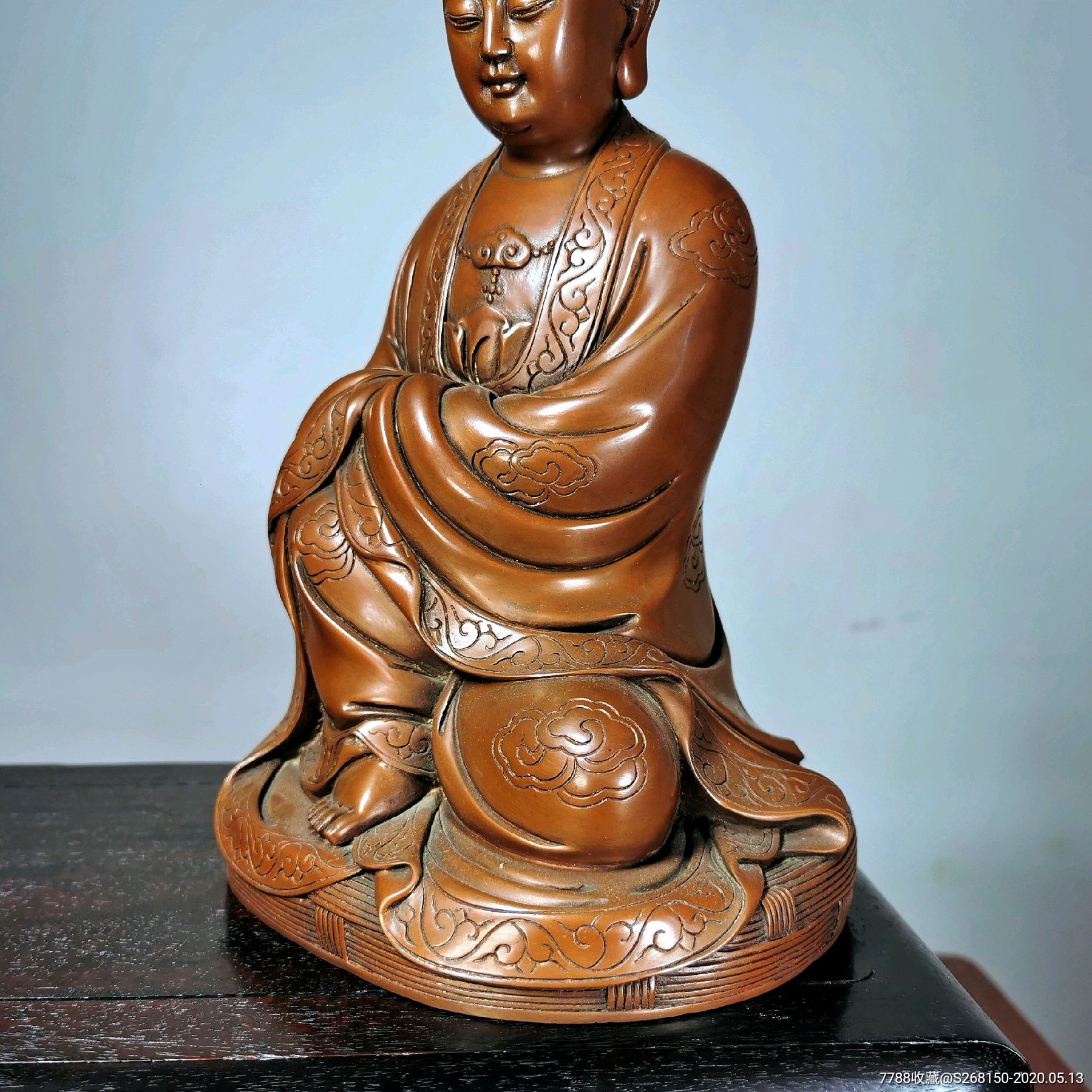 老紫铜 錾刻 祥云如意纹饰 观音菩萨坐像