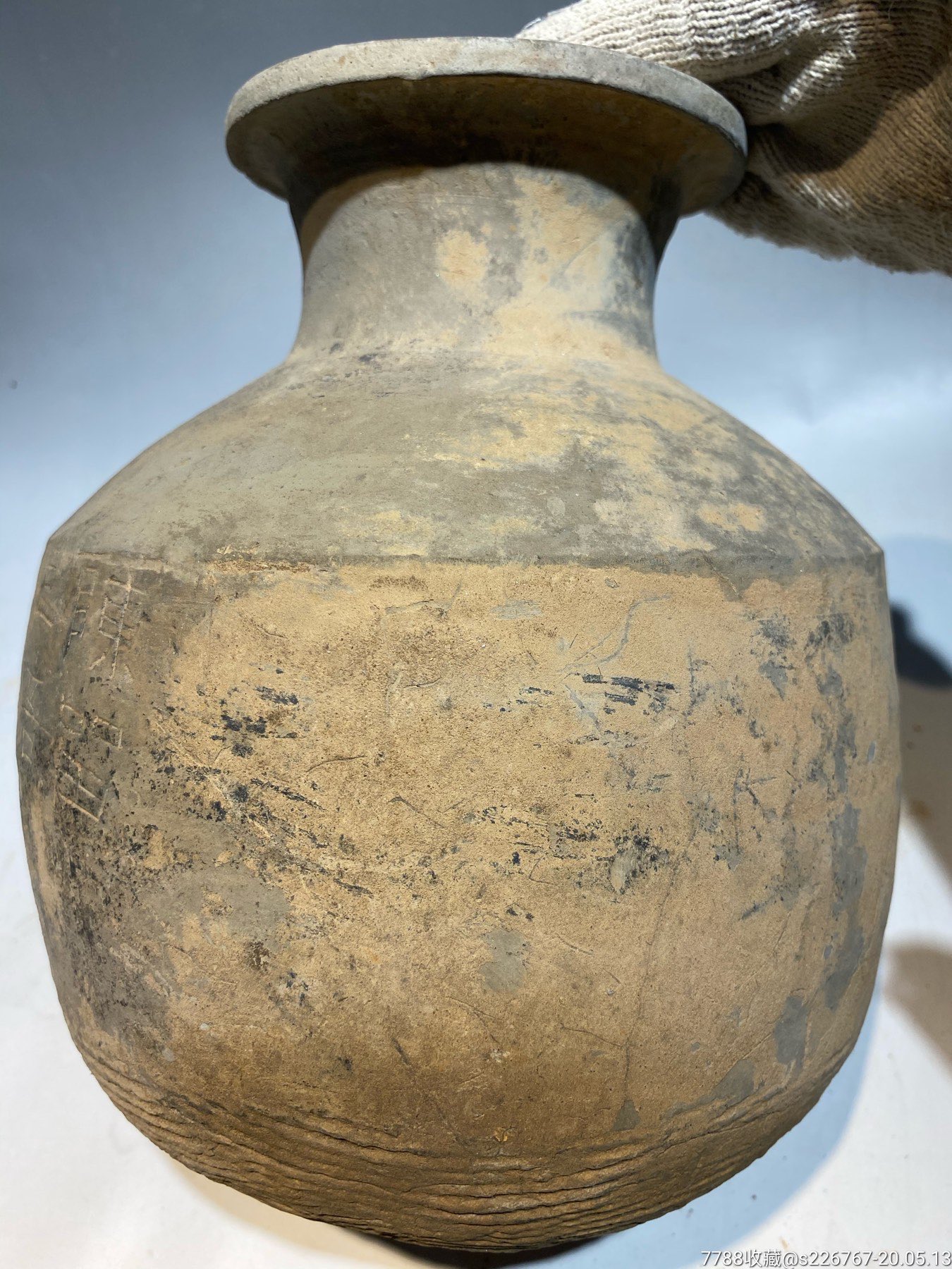 古玩陶器高古陶汉代带字陶釜