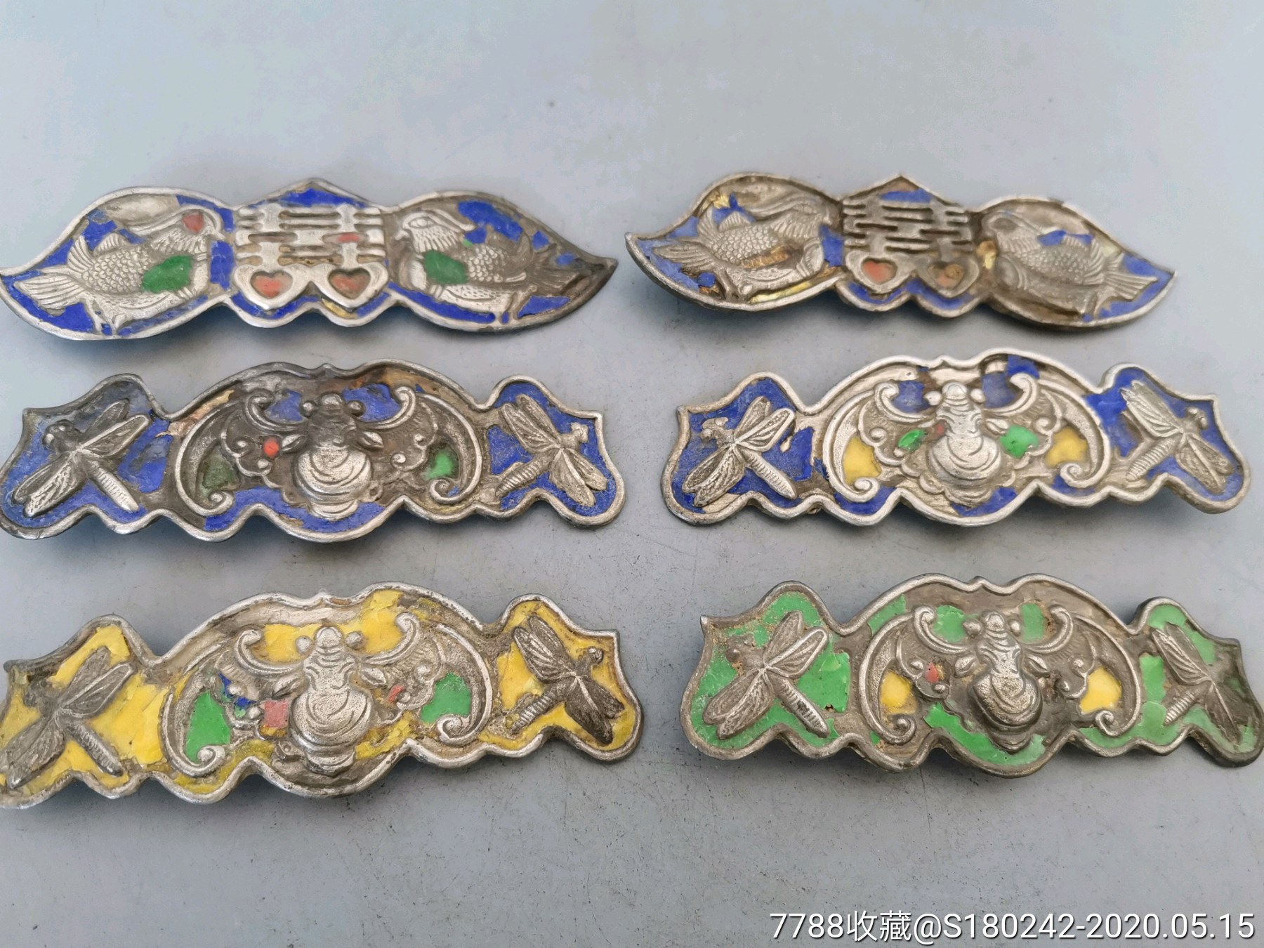 民国头饰白铜珐琅彩发夹6个