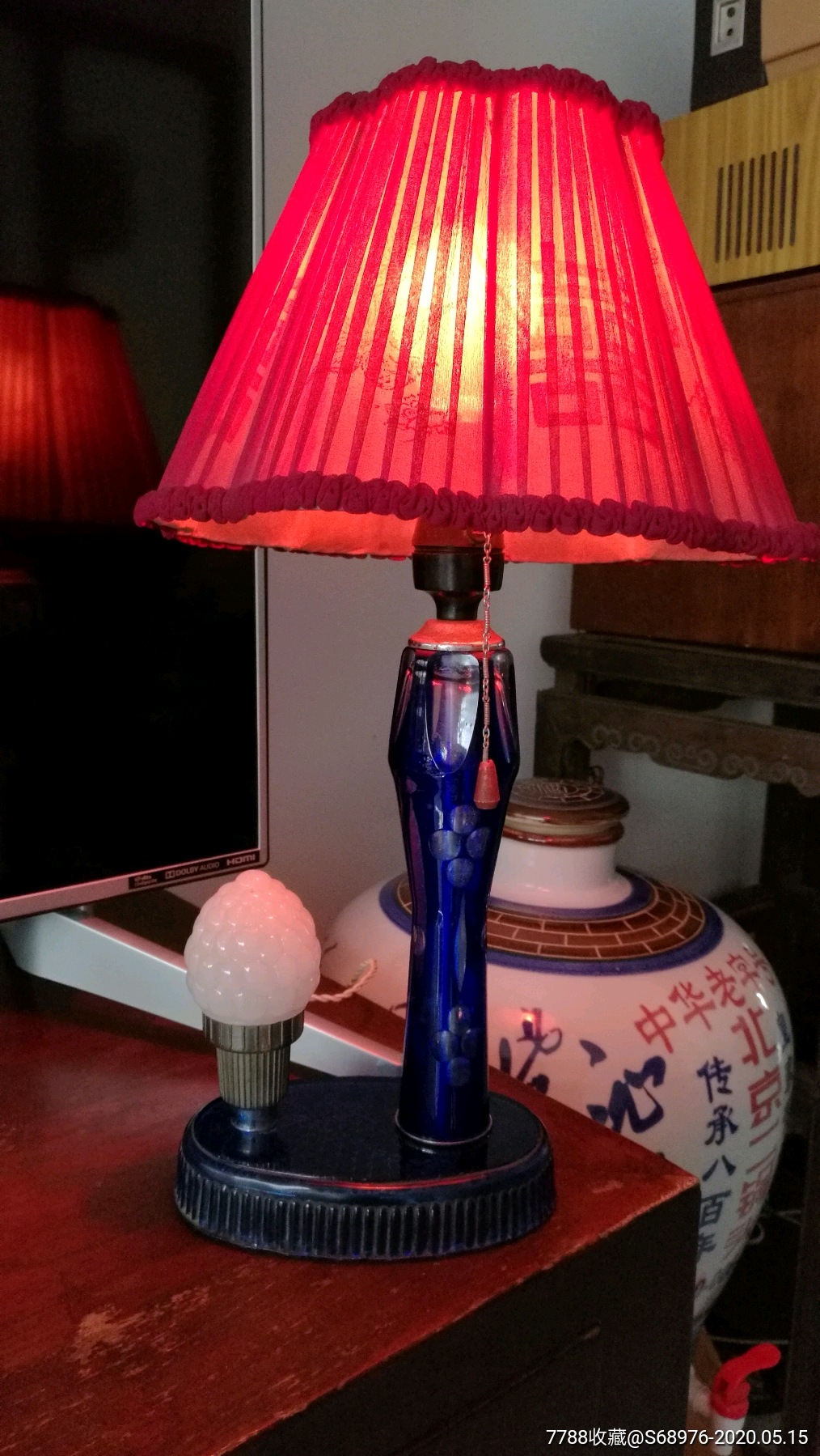 老台灯,6,70年代玻璃磨料座台灯带纱罩,使用正常,可用可藏,可做影视