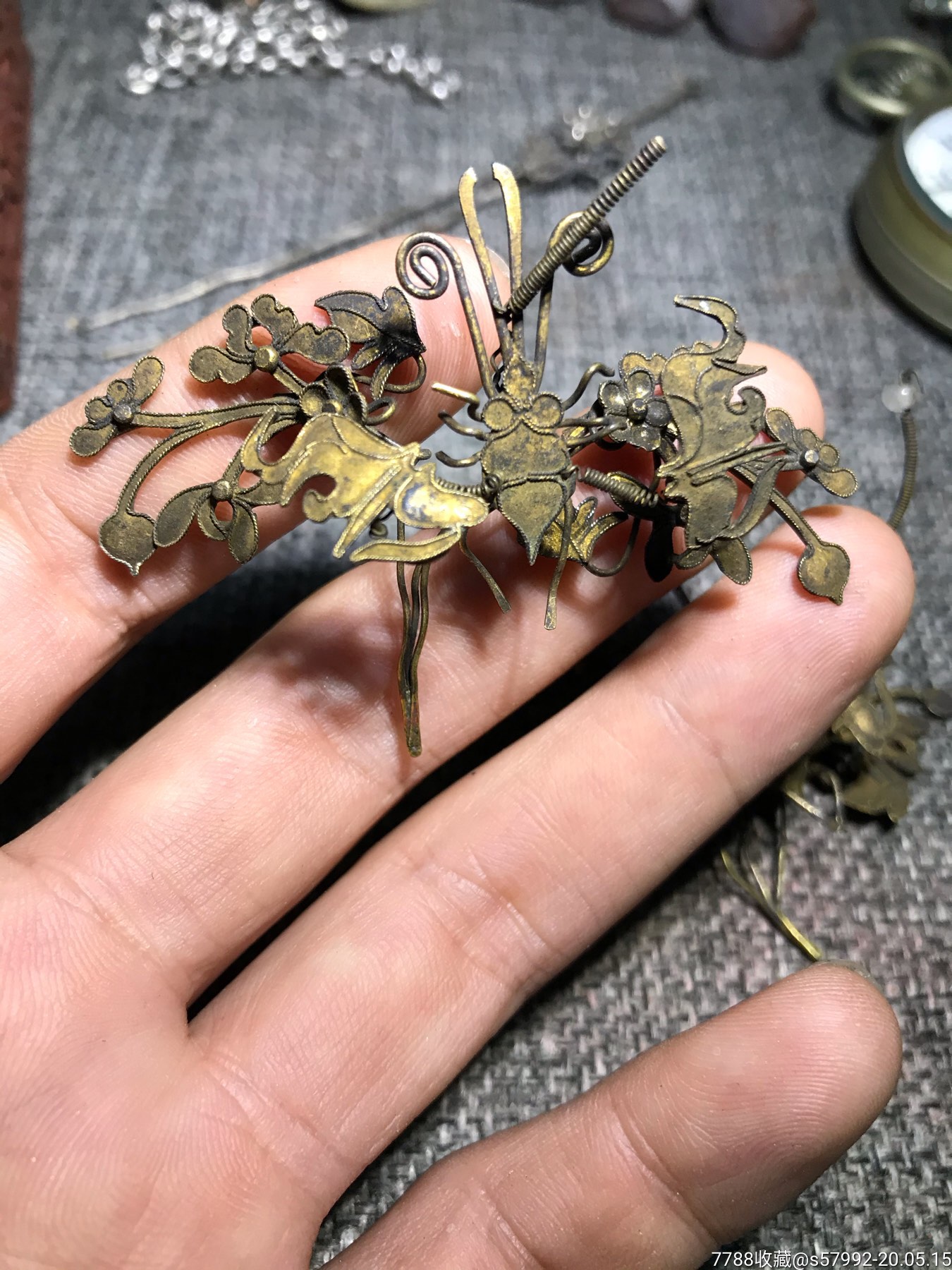 清代点翠银头饰一对