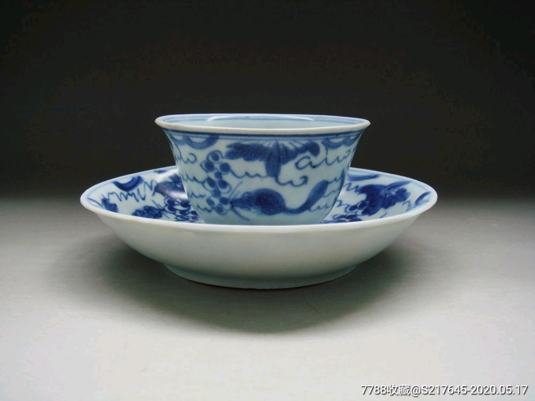 清康熙青花松鼠葡萄盏杯一套