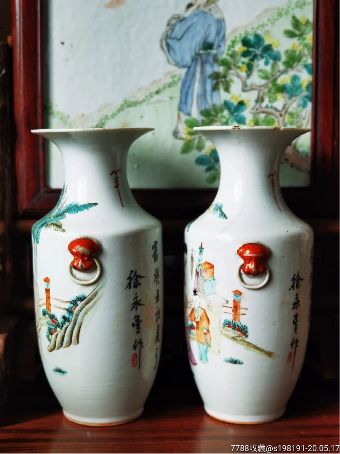 晚清民国名家徐永丰作粉彩仕女瓶一对