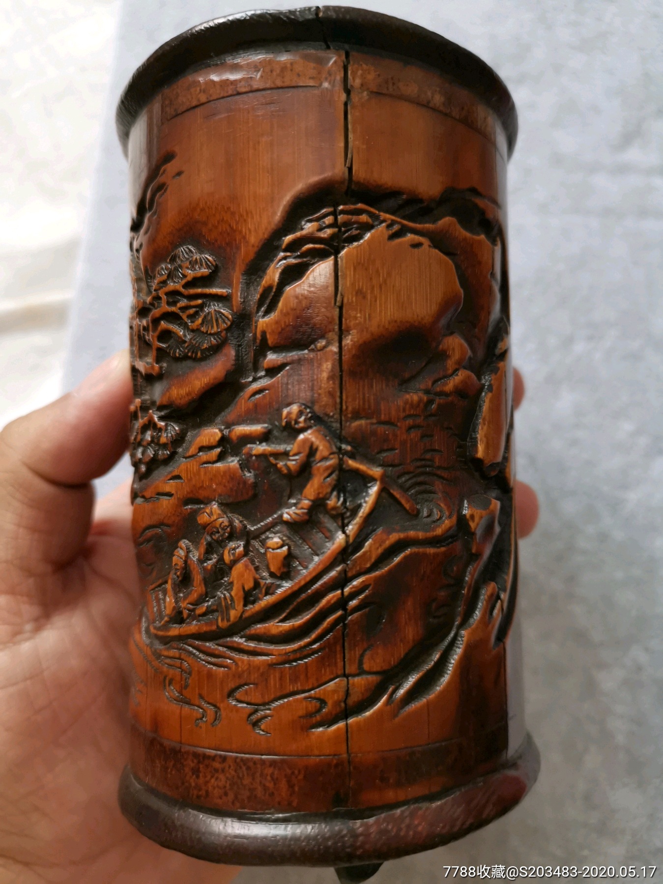 清末民国竹子竹雕浮雕人物老笔筒文房用品