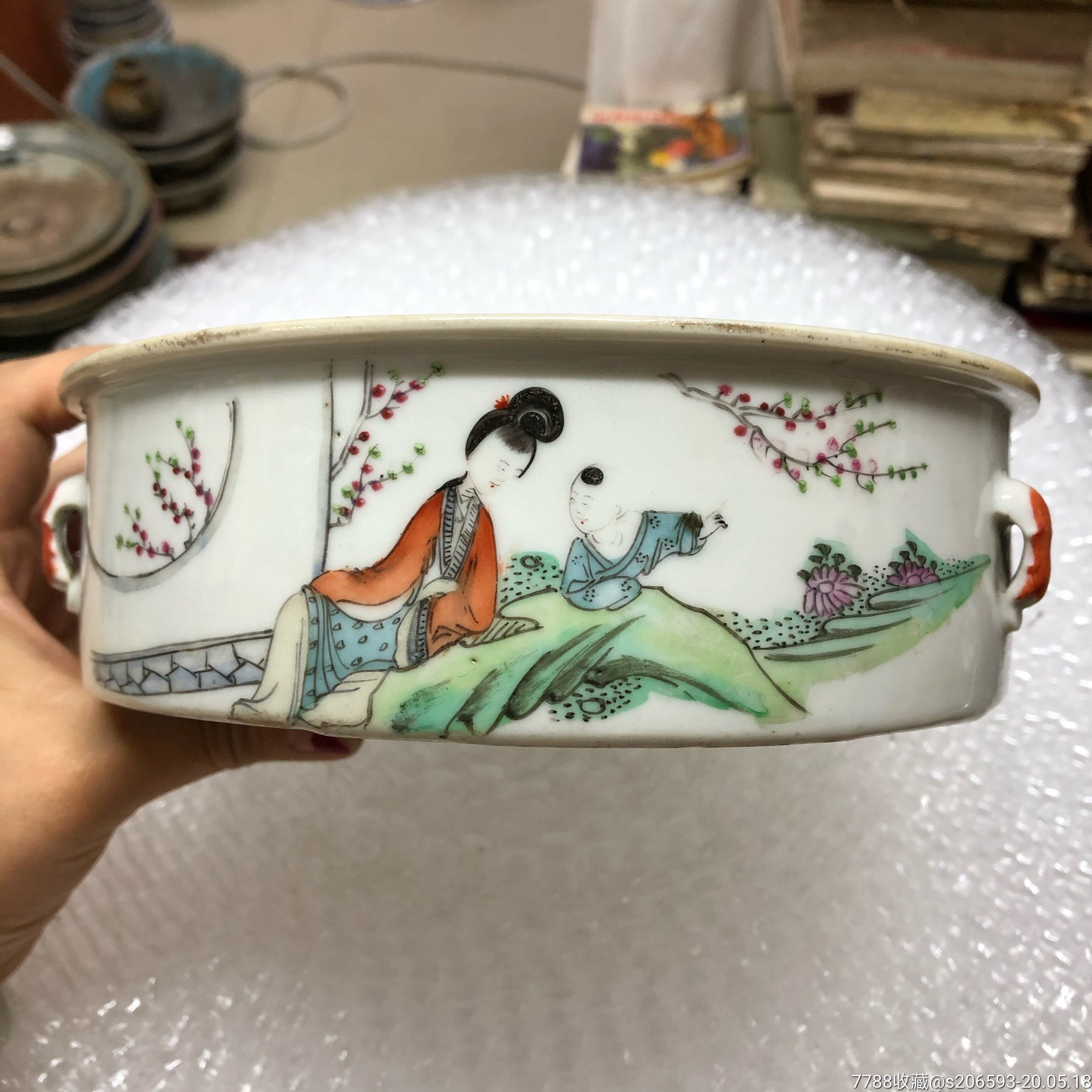 古玩老瓷器民国粉彩三娘教子诗文茶盘