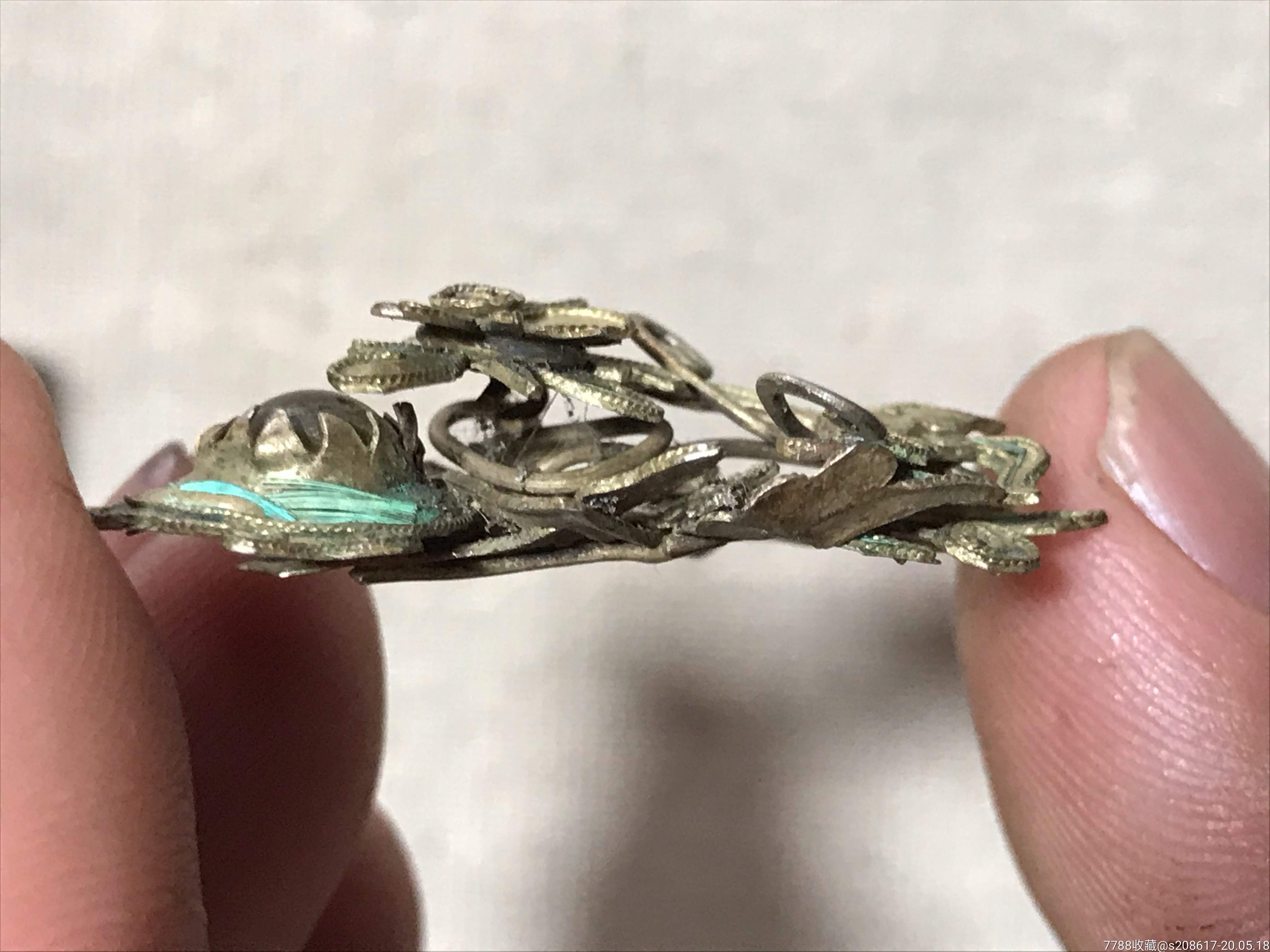 清朝点翠银头饰银饰品镶嵌碧玺老银
