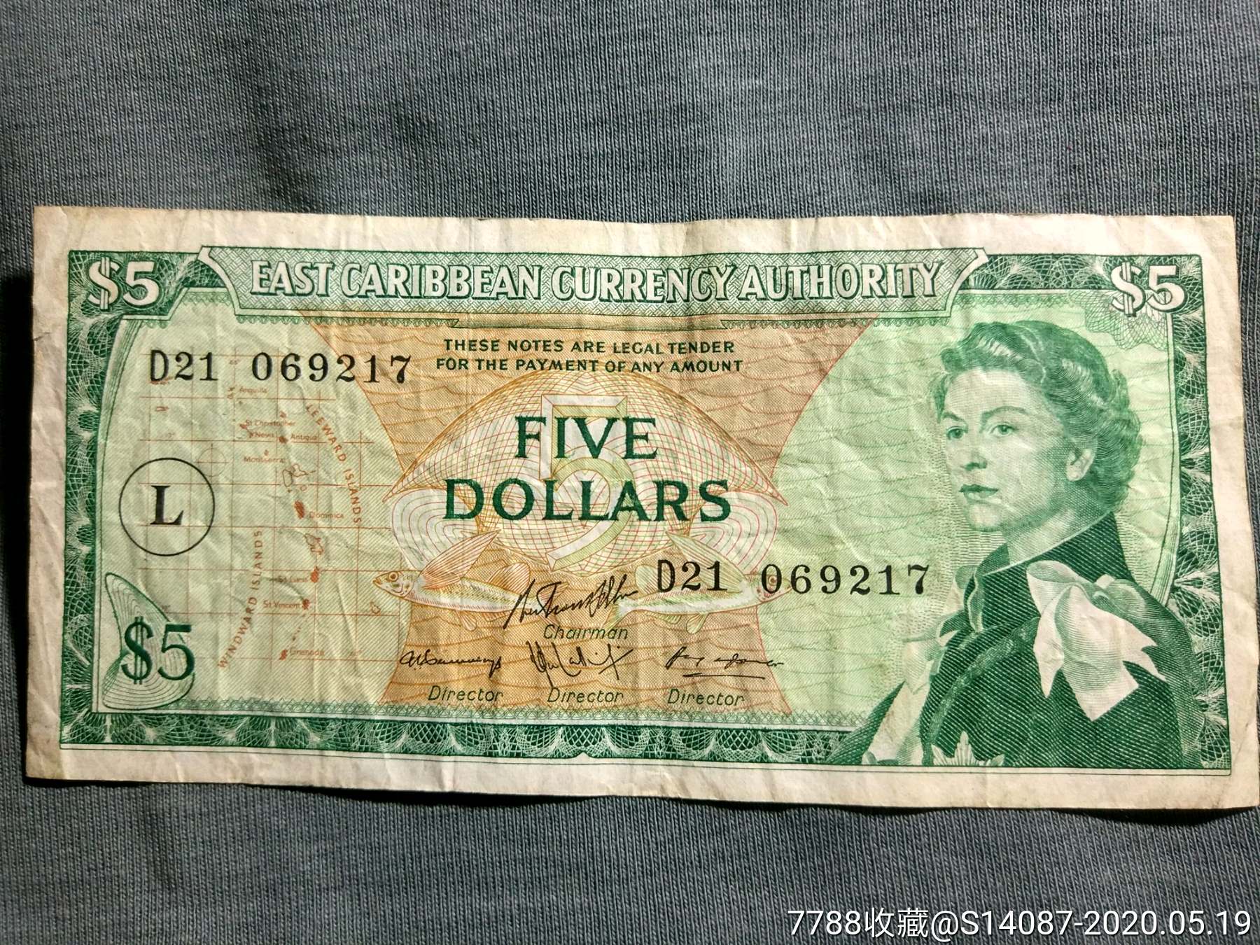 外国纸币～东加勒比海岸5元-外国钱币-7788收藏