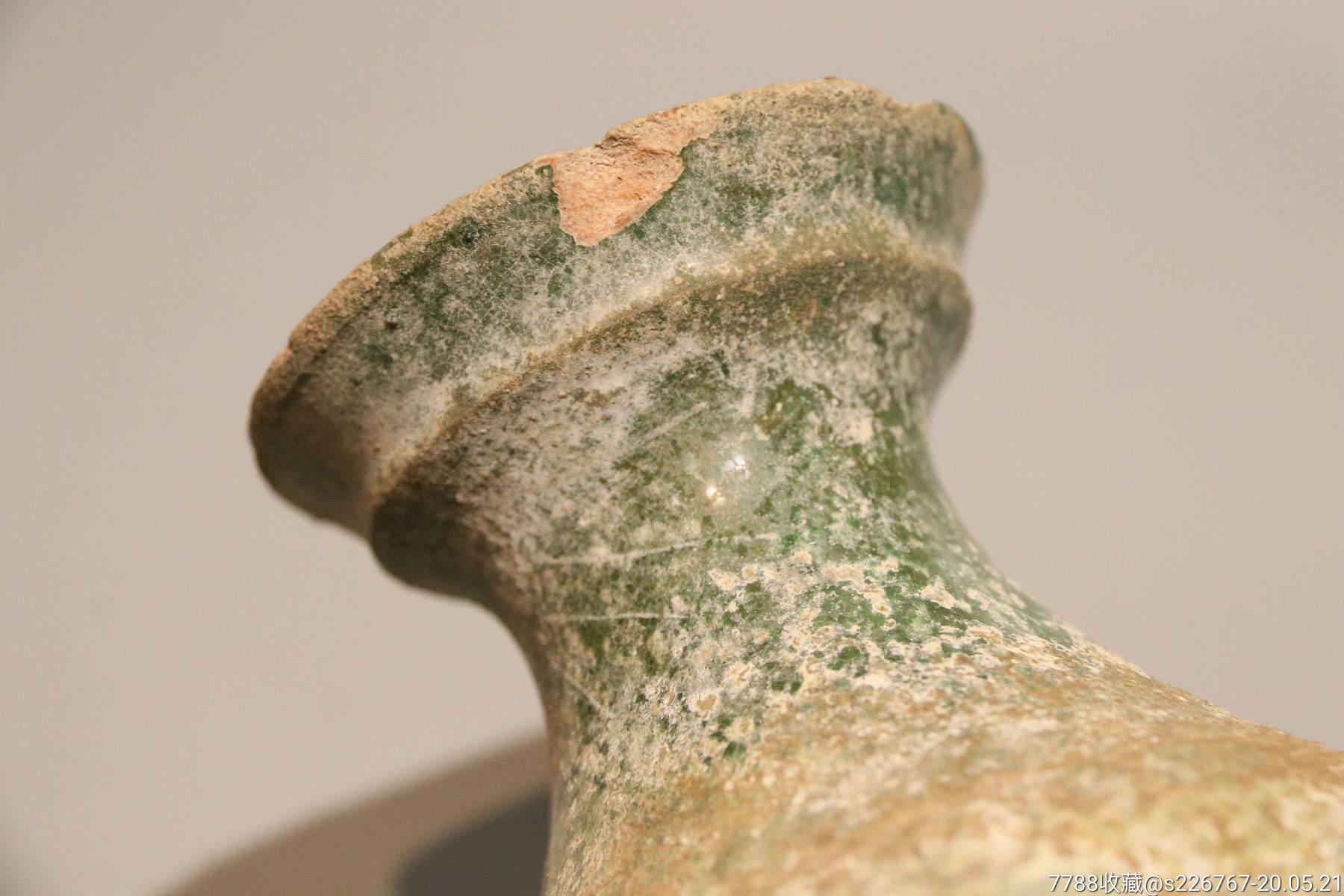 古玩陶器古董汉代红胎绿釉盘口陶瓶