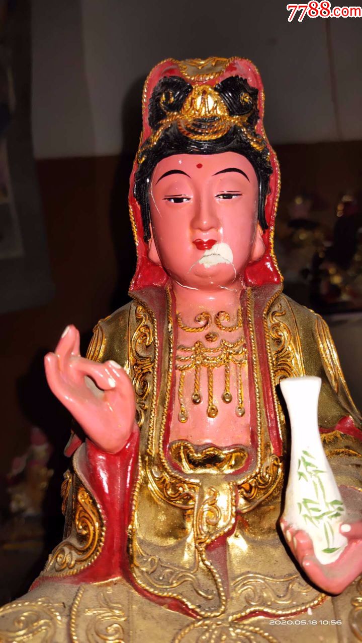 脸部掉漆,高度27厘米,樟木雕刻观音佛像菩萨神像,南无阿弥陀佛