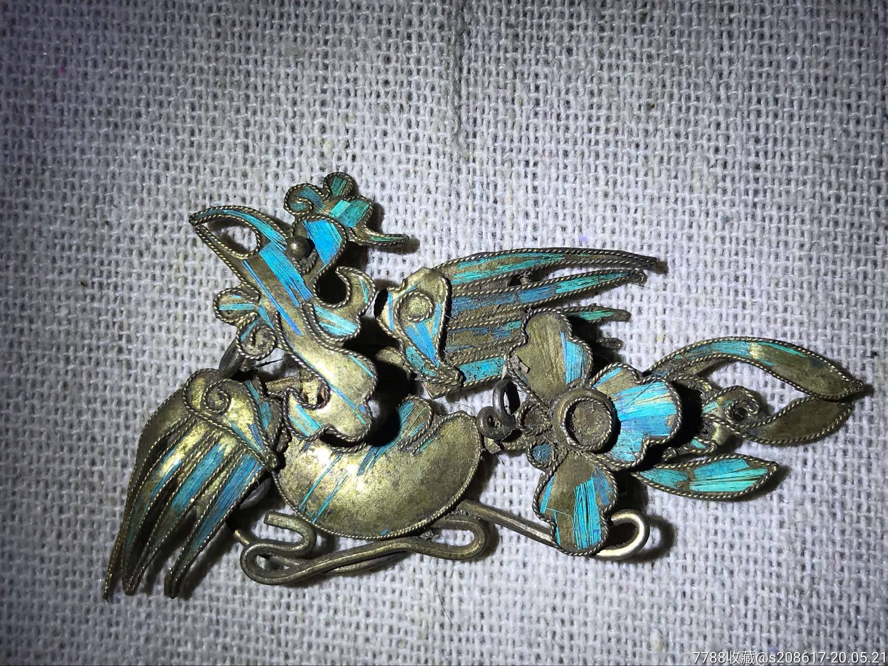 清朝老银发饰凤凰一对点翠工艺老银饰品