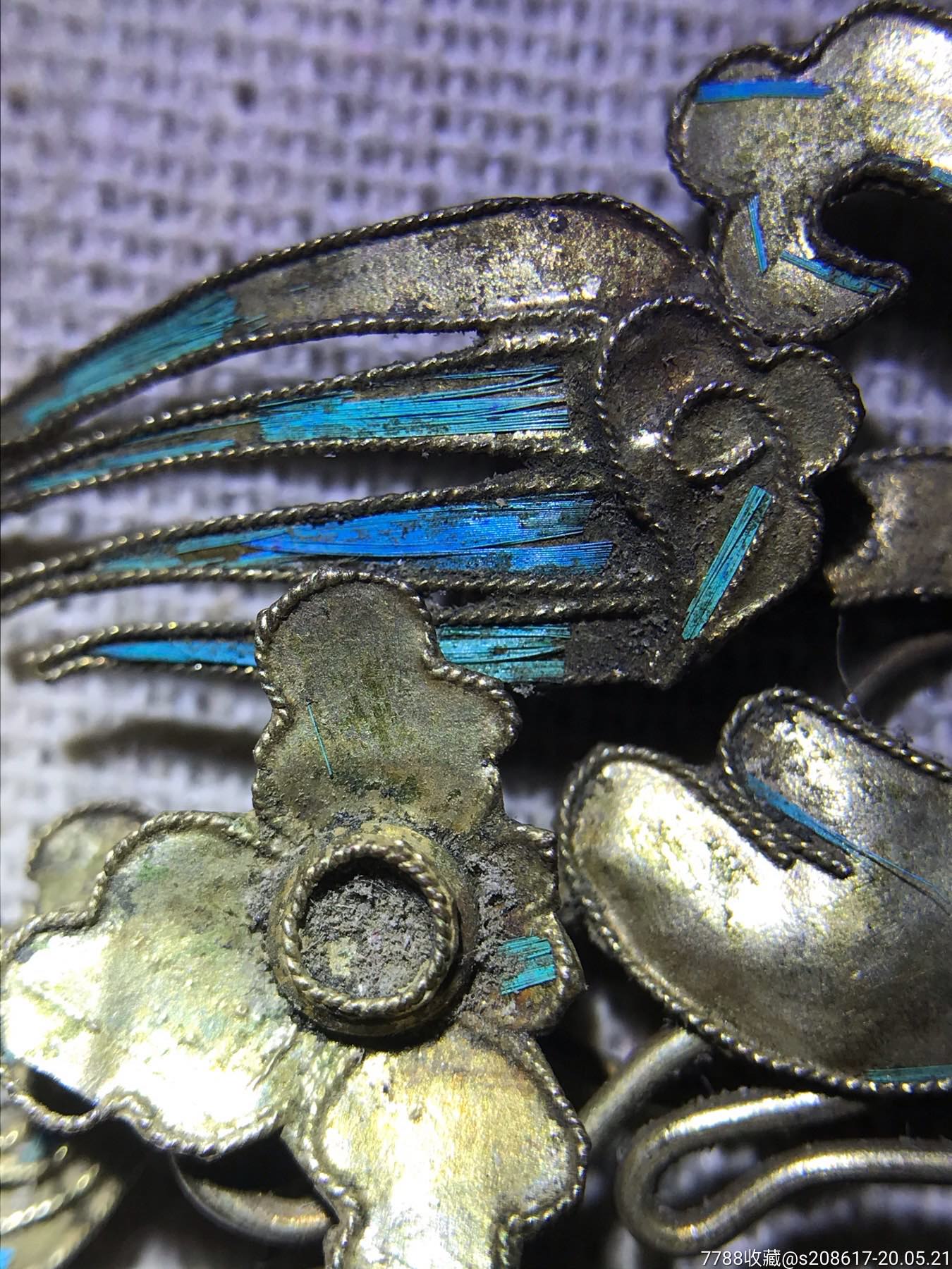 清朝老银发饰凤凰一对点翠工艺老银饰品