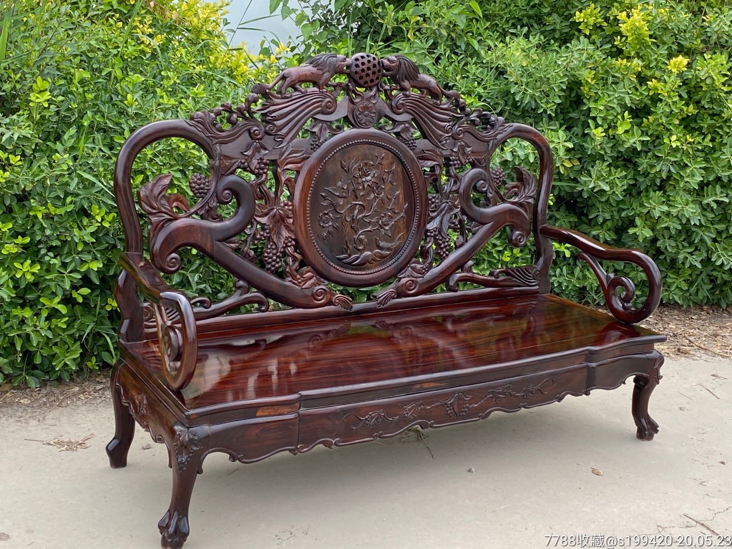 民国老挝大红酸枝交趾黄檀宝座老虎腿纯手工雕刻狮子戏绣球中间镂空