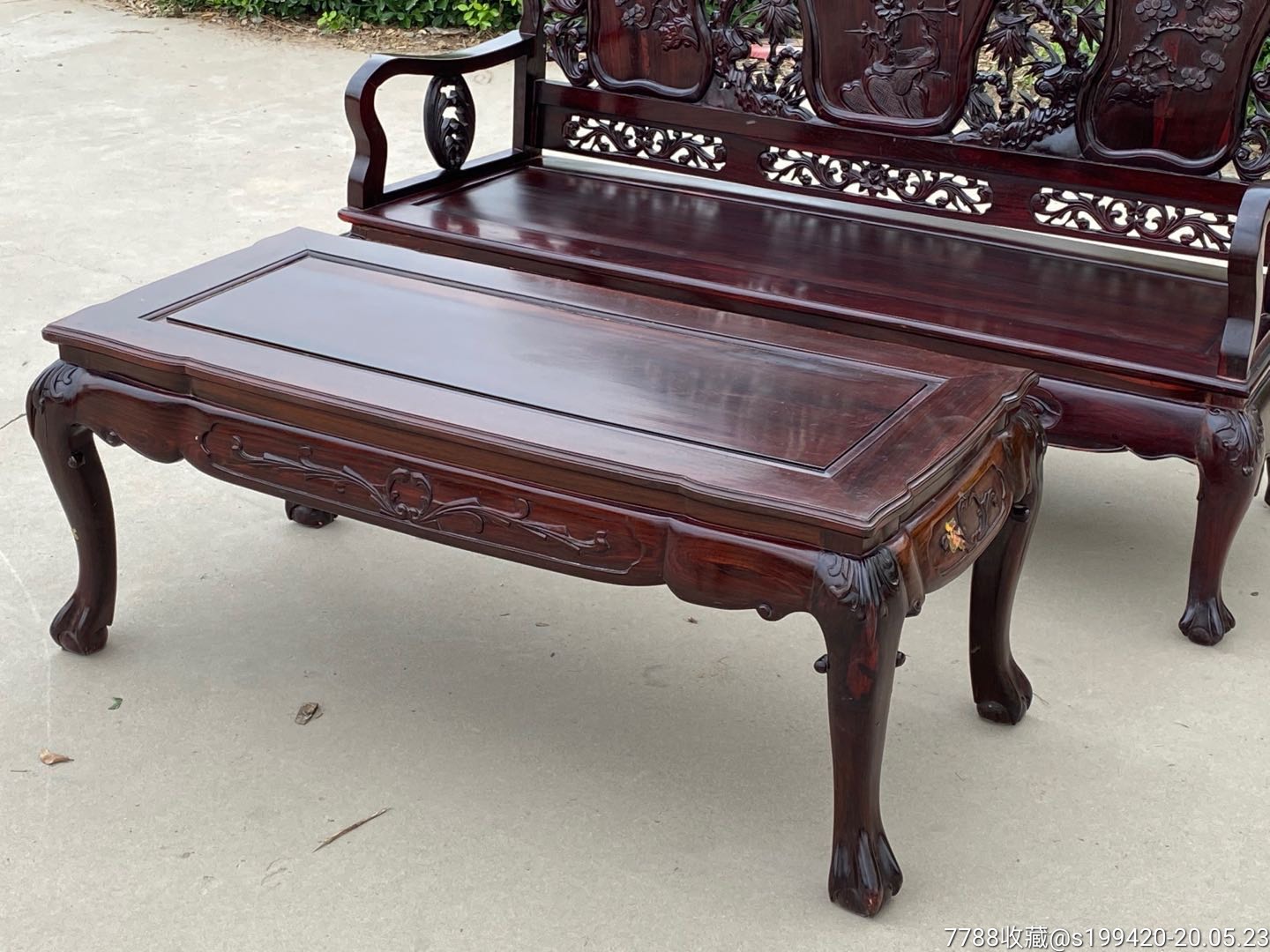 民国老挝大红酸枝交趾黄檀二件套老虎腿纯手工雕刻凤穿牡丹竹报平安