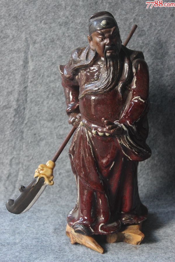 石湾陶瓷大师梁润枝手工窑变釉红衣关公摆件高28厘米zz.2766