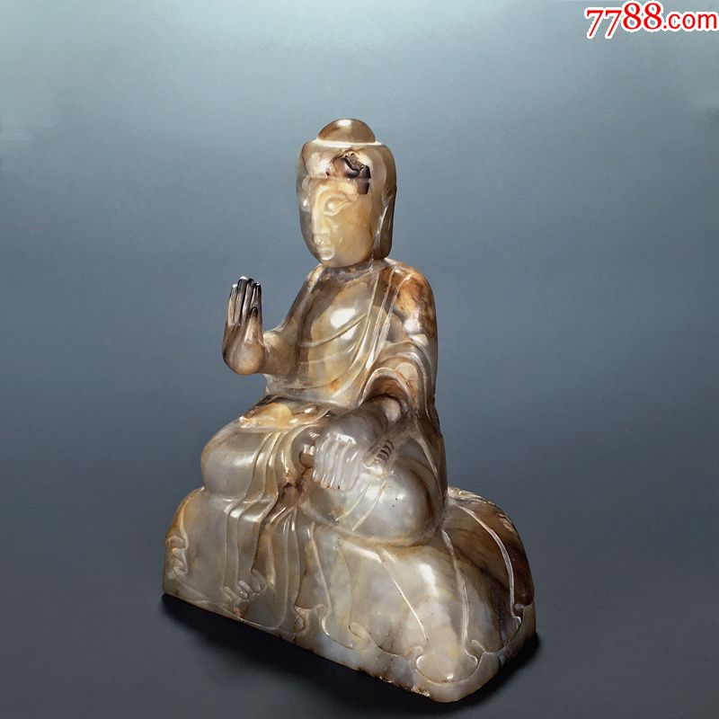 明老和田玉青白玉火烧玉观音坐像佛像玉雕摆件古玉老玉收藏