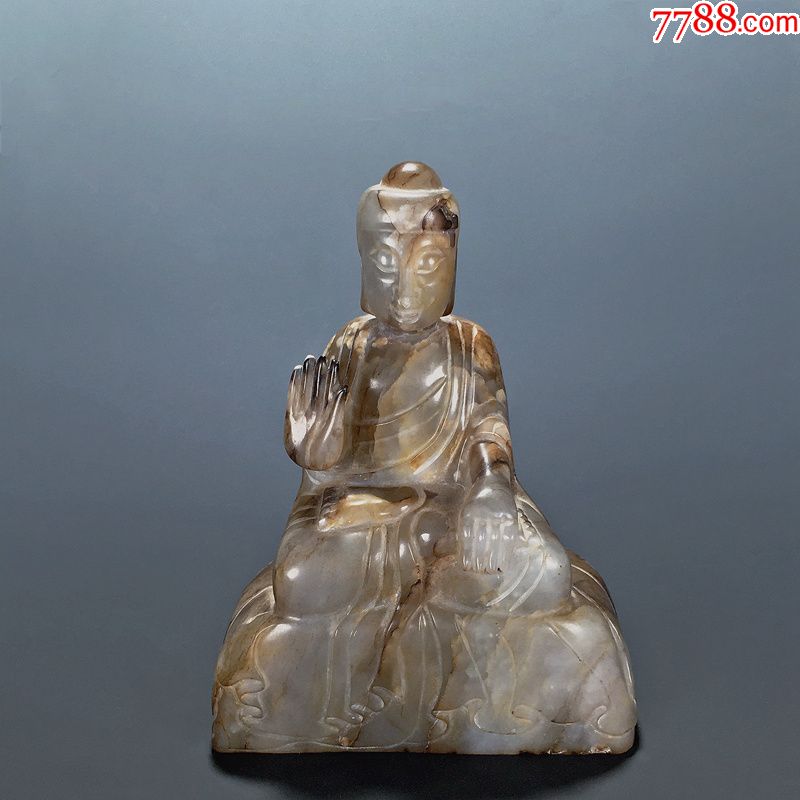 明老和田玉青白玉火烧玉观音坐像佛像玉雕摆件古玉老玉收藏