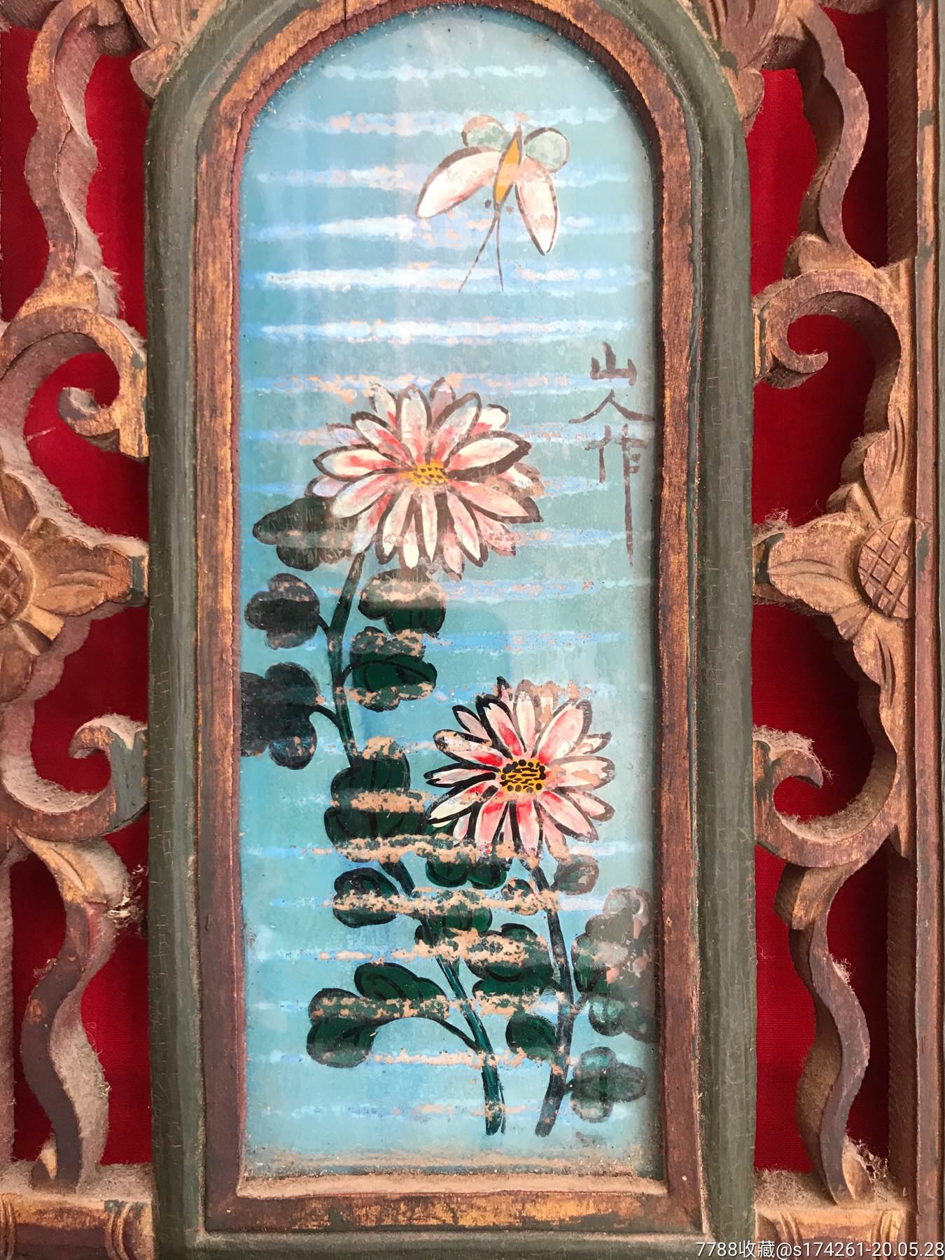 民国五色旗五角星漆金双旗镂空高浮雕人物玻璃画柜门一对