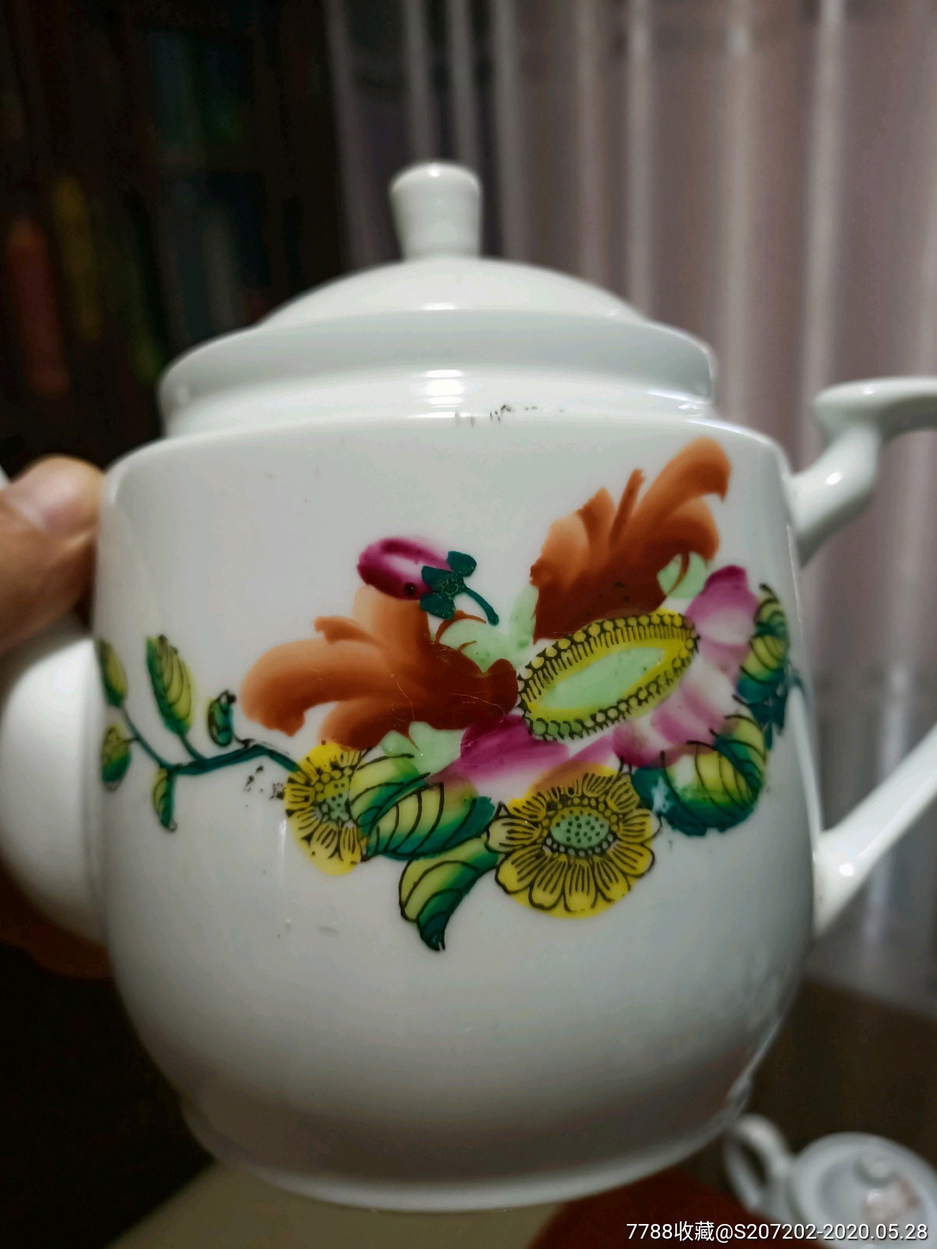 古玩瓷器建国后一枝花醴陵手绘茶壶提梁壶全品,口沿轻微磨损喝茶神器