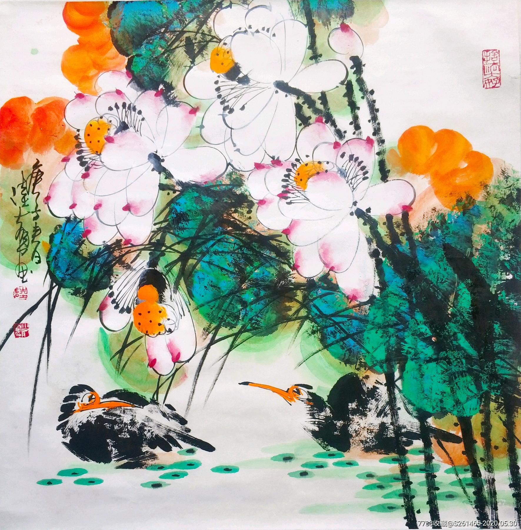 中美协会员陆大有四尺斗方重彩荷花,有合影