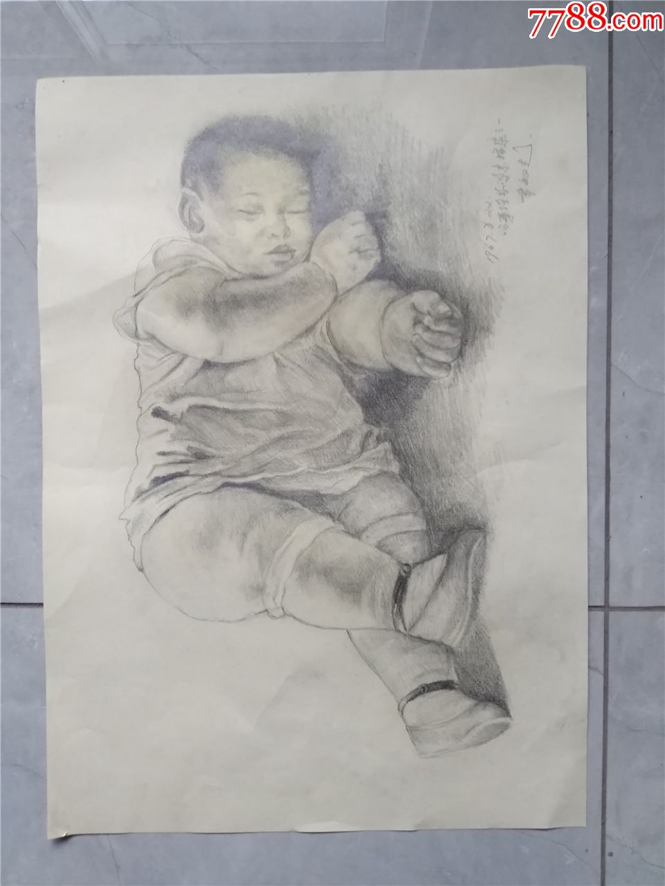 1967年老画家铅笔画熟睡的婴儿