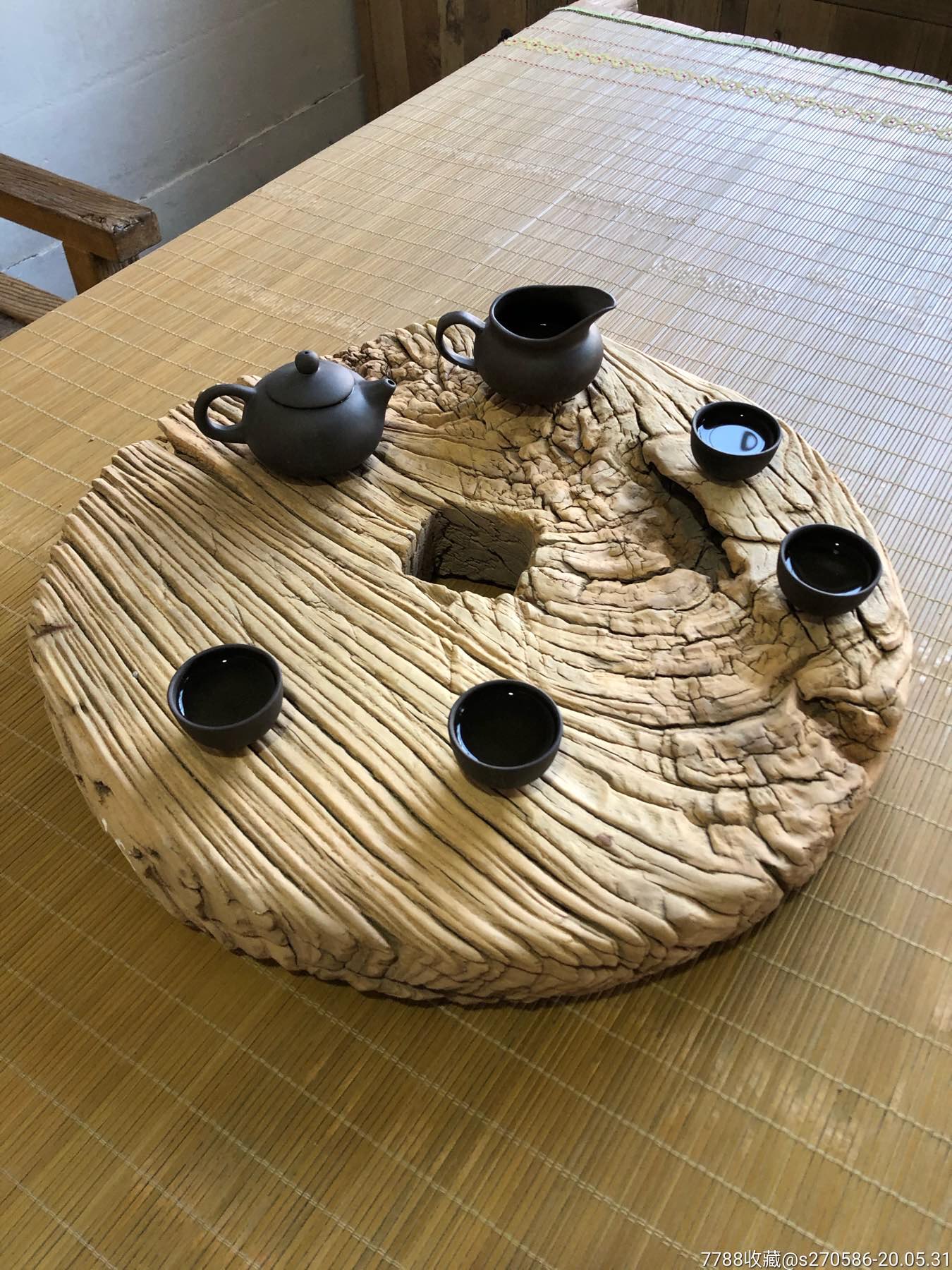 老榆木茶盘整块风化干泡台茶海功夫茶托实圆形木创意古朴原木茶船