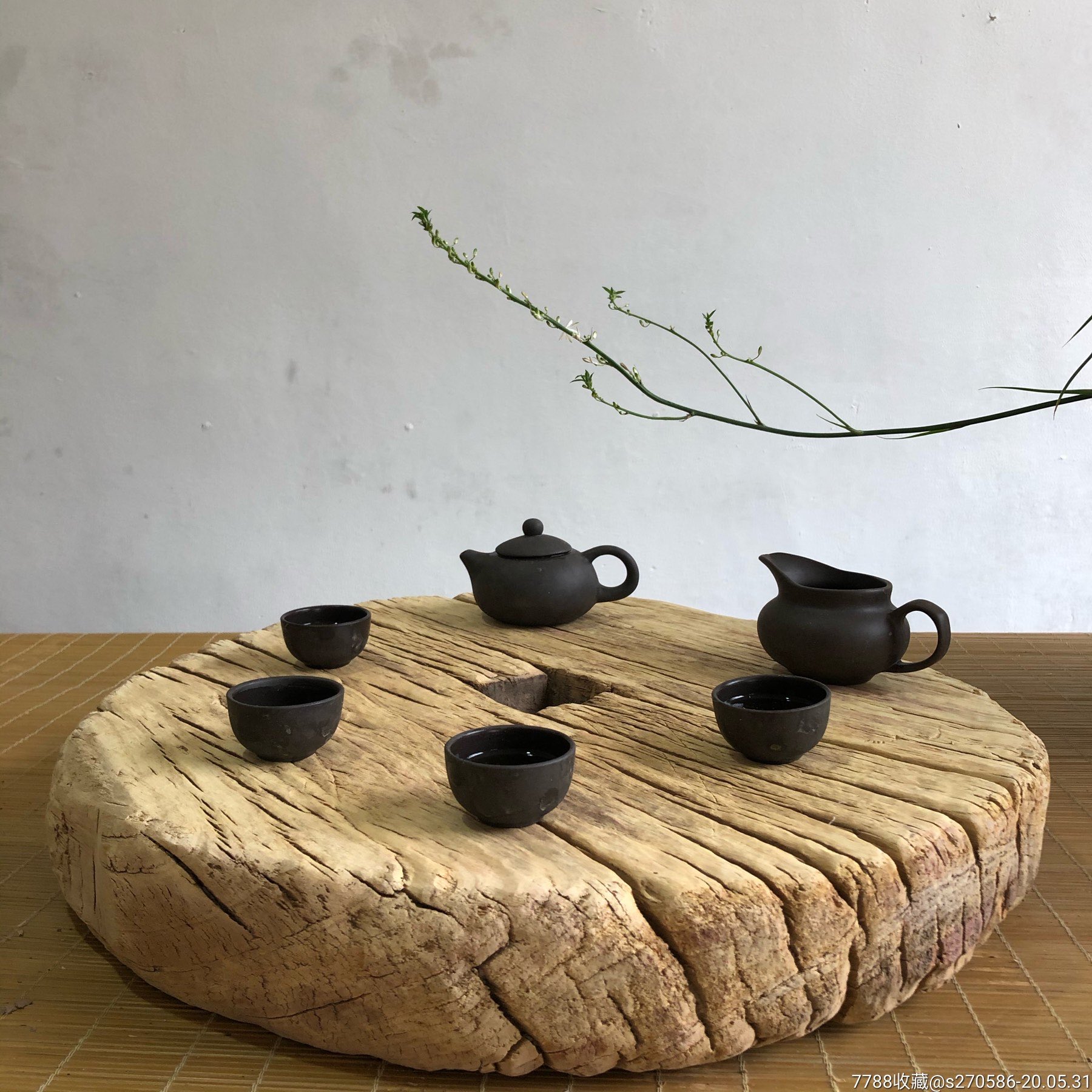 老榆木茶盘整块风化干泡台茶海功夫茶托实圆形木创意古朴原木茶船