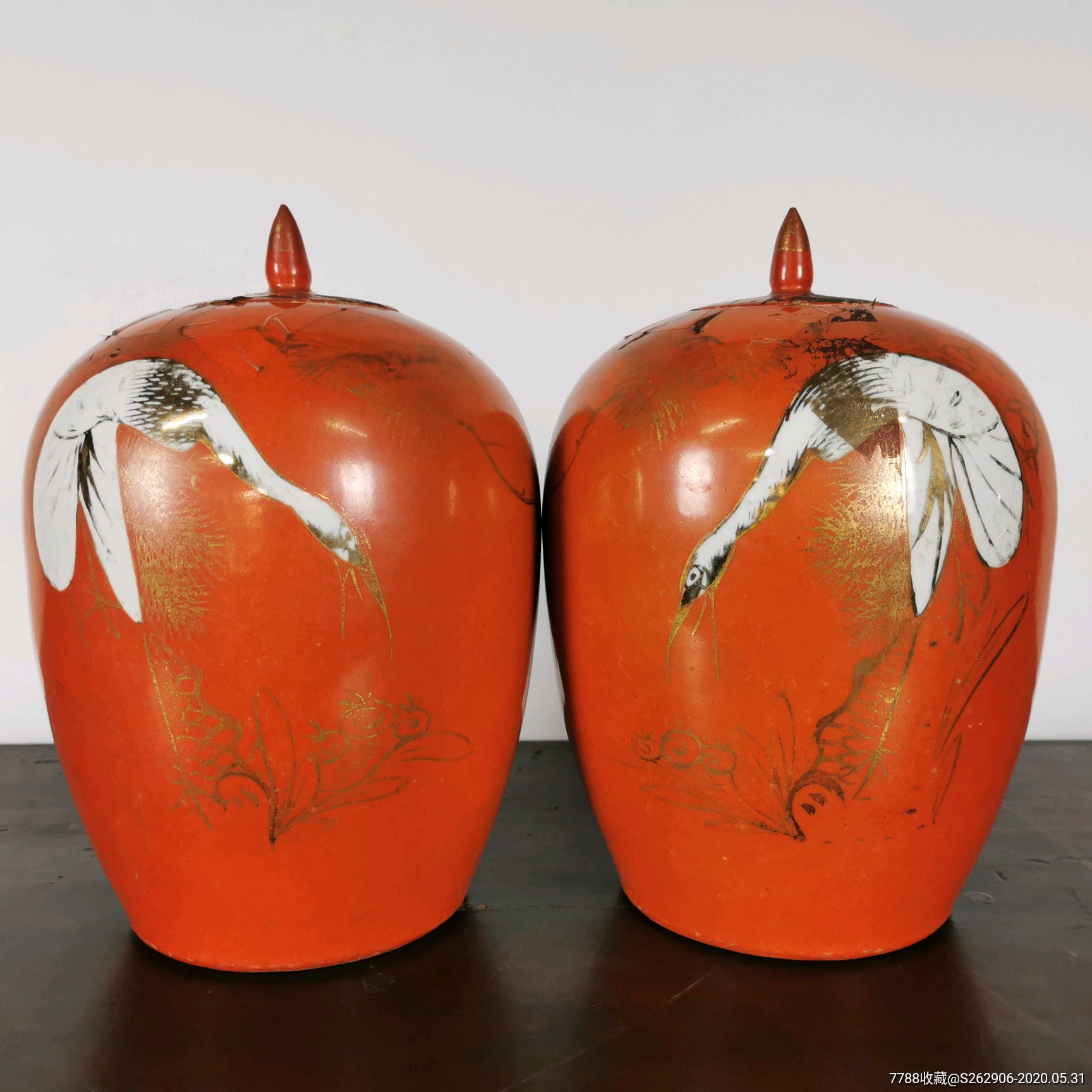 民国余元昌描金留白松鹤延年珊瑚红冬瓜罐古玩矾红老瓷器珊瑚釉罐