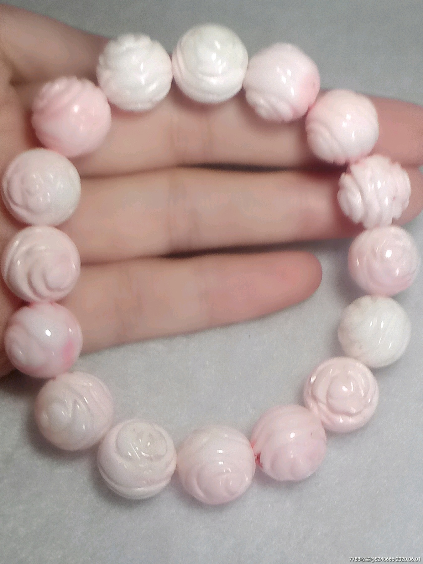 天然粉贝玫瑰花手串-贝壳饰品-7788收藏