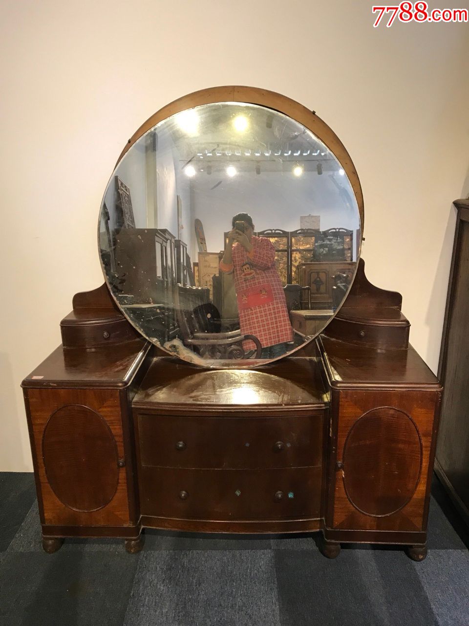 老上海风格老柚木梳妆台配圆镜子
