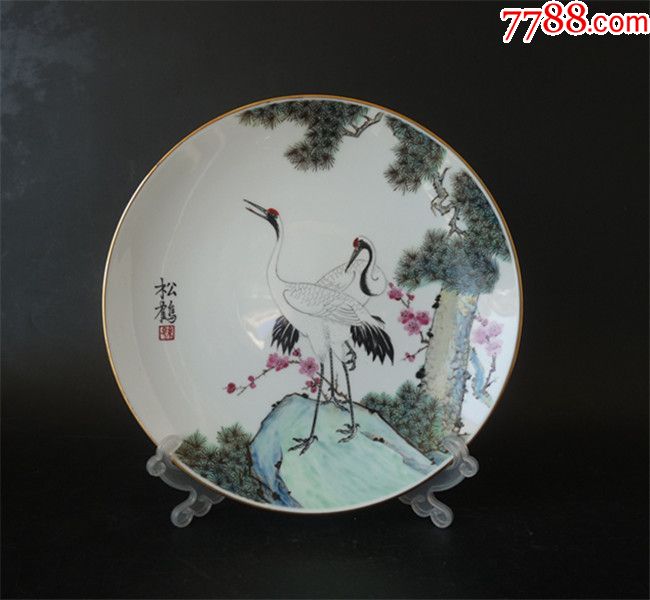粉彩手绘松鹤赏盘