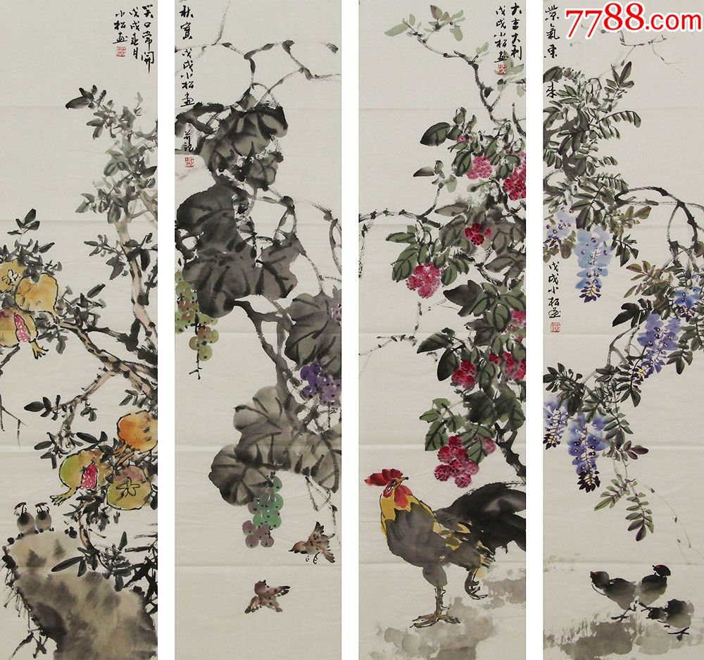 广西美协会员蒋小松手绘真迹!花鸟四条屏2-花鸟国画原作-7788收藏