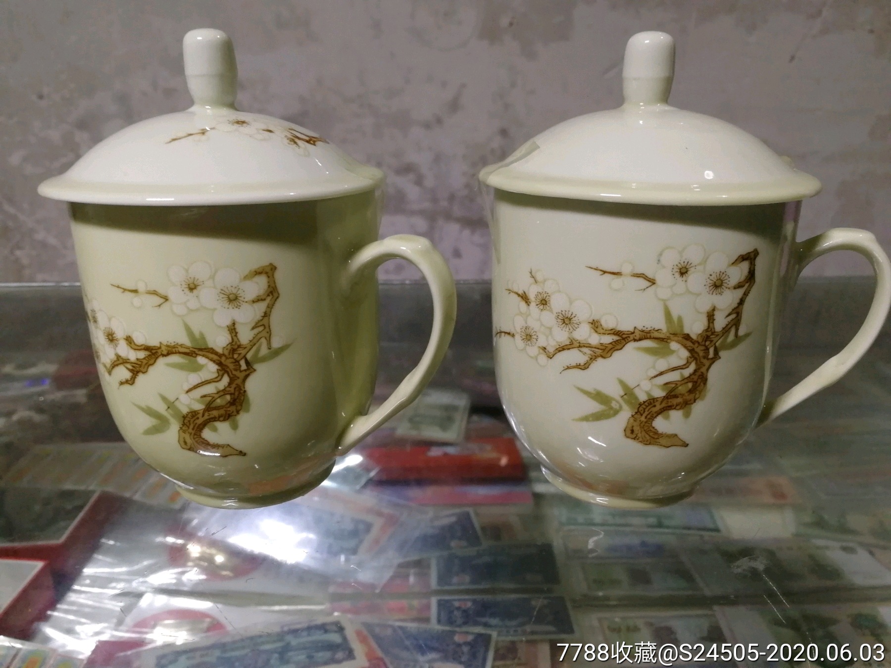 醴陵国光手绘梅花黄釉茶杯(全品库存一对)