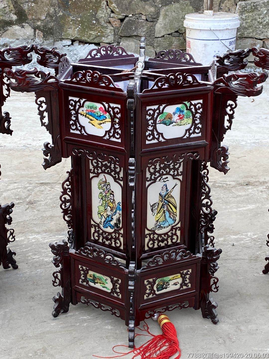 民国楠木纯手工雕刻龙头.六角灯笼四个一套.四面纯手绘八仙过海.