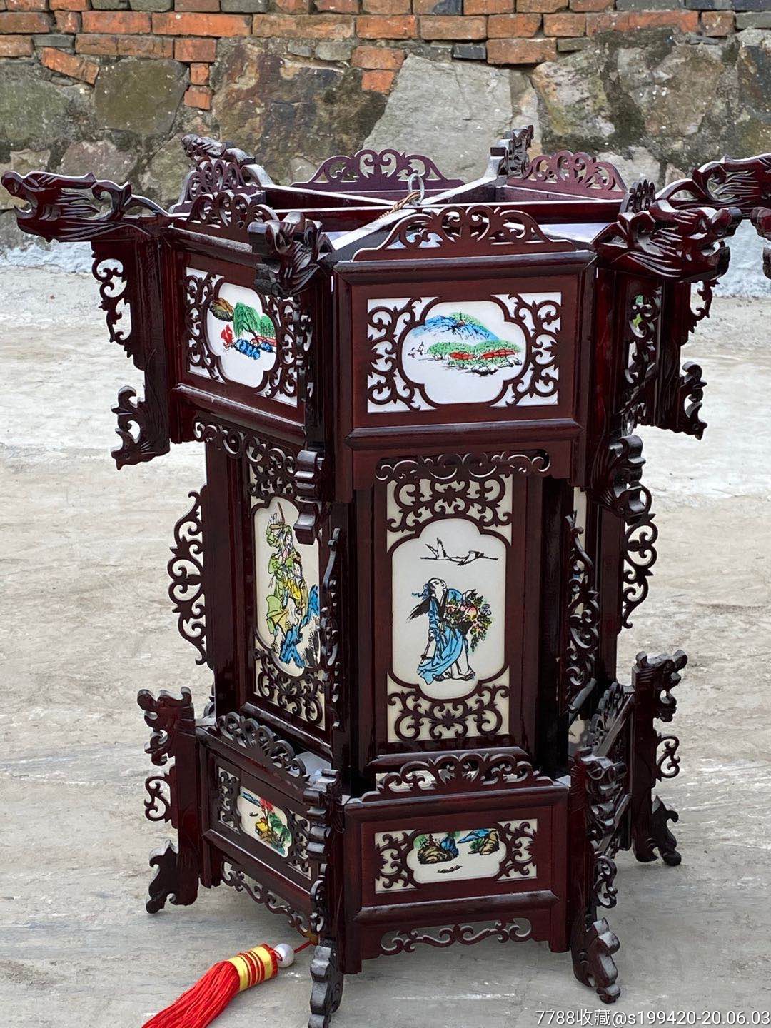 民国楠木纯手工雕刻龙头.六角灯笼四个一套.四面纯手绘八仙过海.