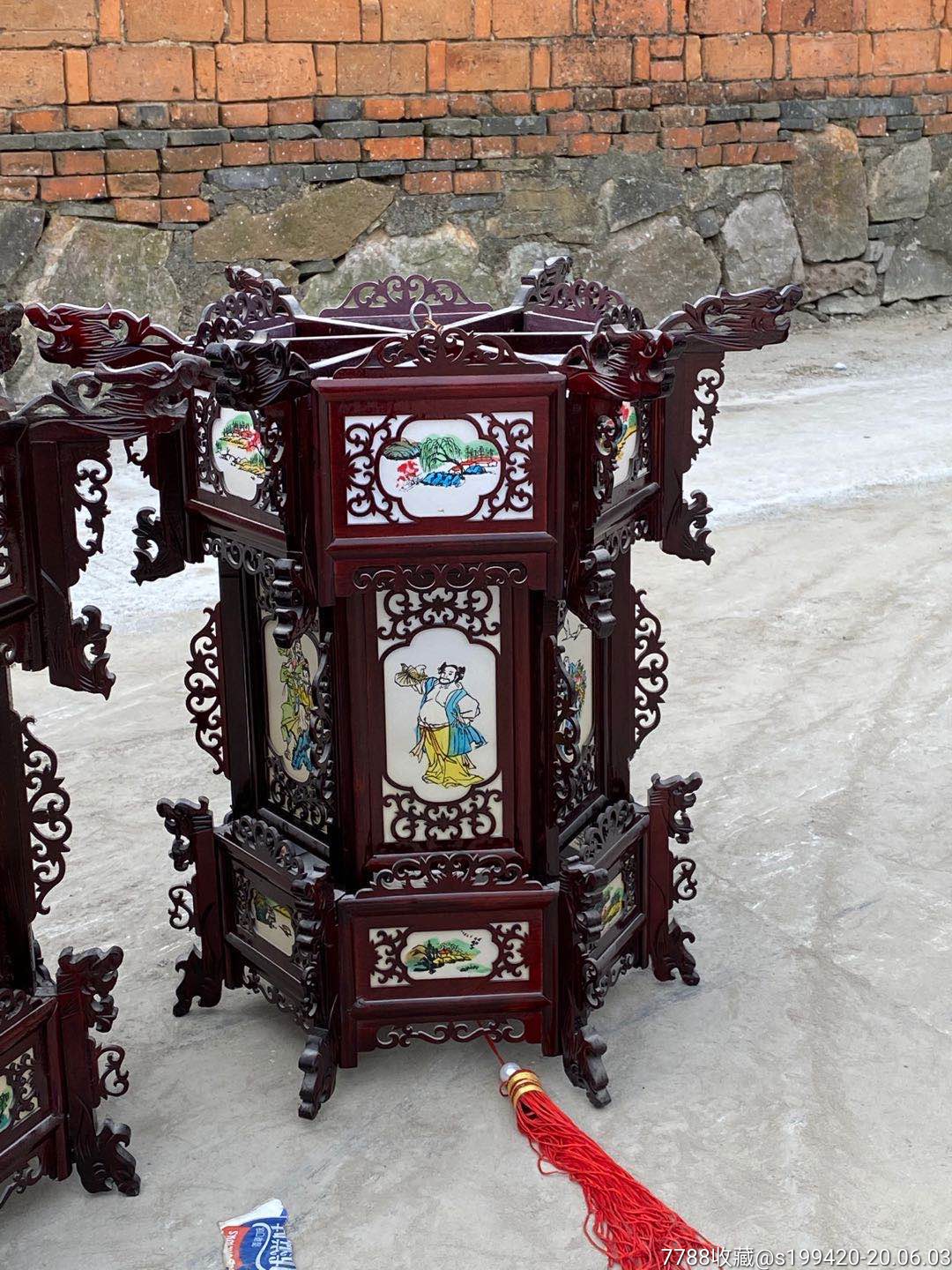 民国楠木纯手工雕刻龙头.六角灯笼四个一套.四面纯手绘八仙过海.