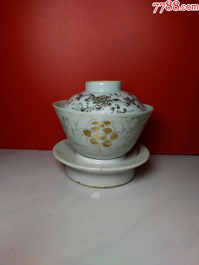 民国描金墨彩芦雁字花纹瓷盖碗老瓷盖杯托三件套茶具盖杯日用盖杯装饰