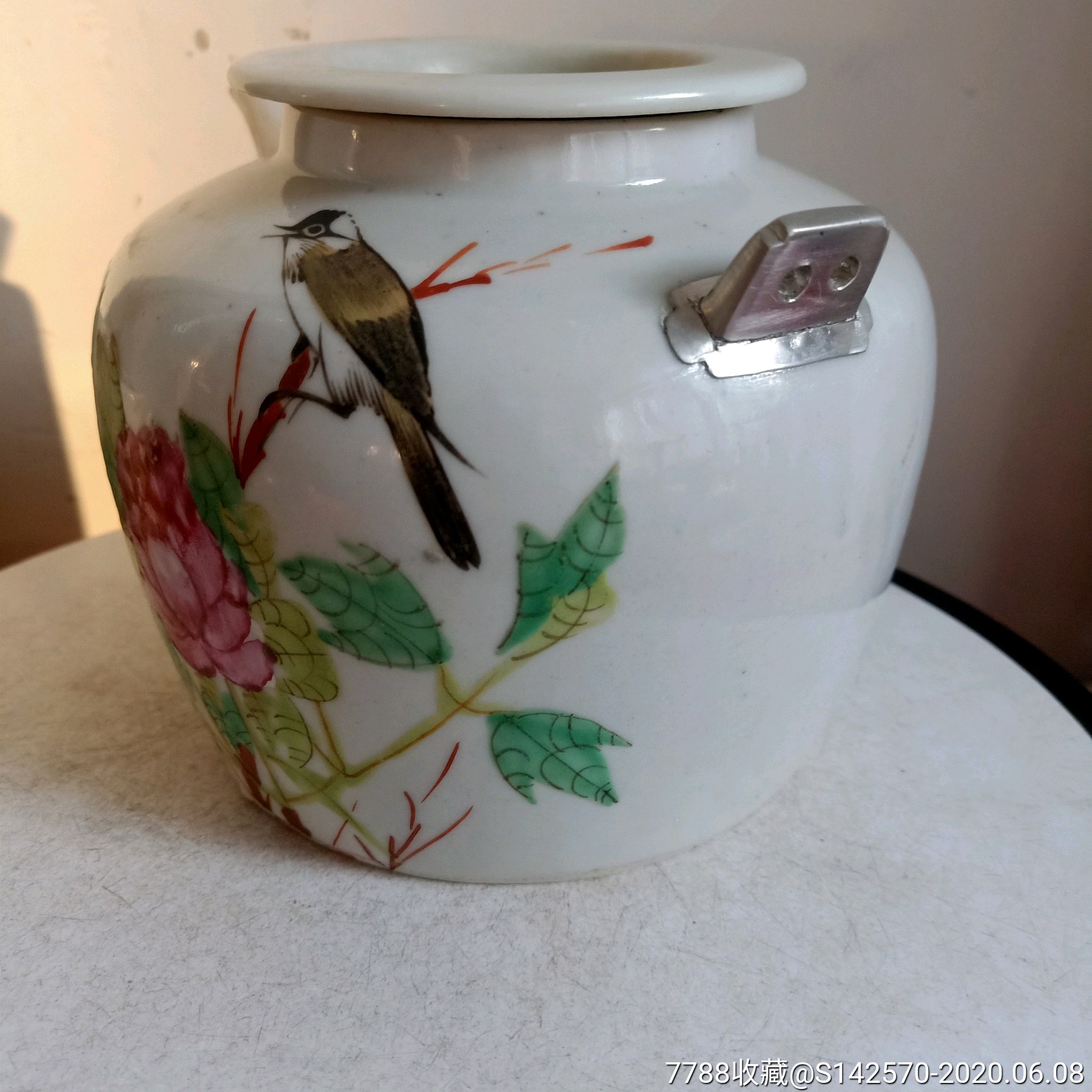 晚清名家张子英作品浅绛彩富贵白头提梁壶壶耳修余全品如图保老保真