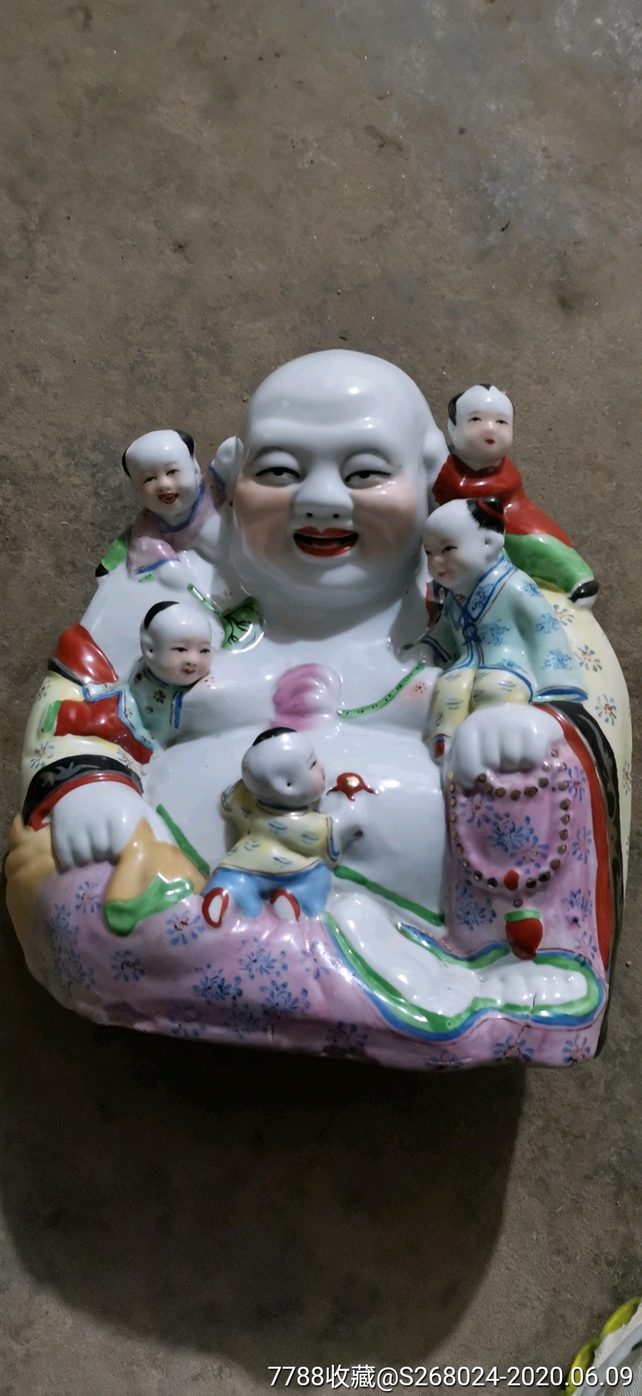 景德镇八十年代粉彩五子闹弥勒罗汉佛像摆件雕塑