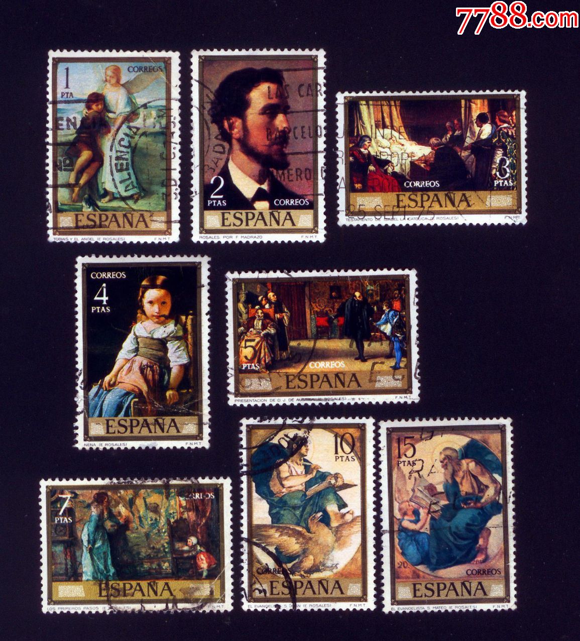 西班牙信销邮票1974年邮票日罗萨莱斯绘画8全