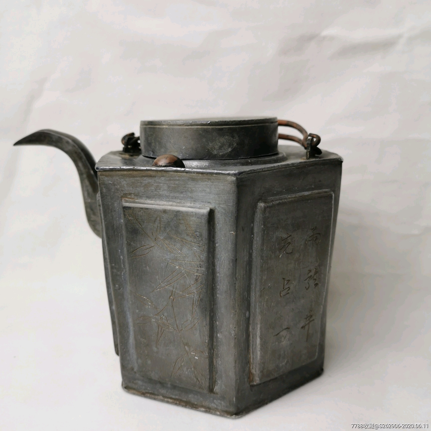 清代六角白锡茶壶提梁壶苏省王东文造款雕刻诗文花卉老锡壶锡酒壶