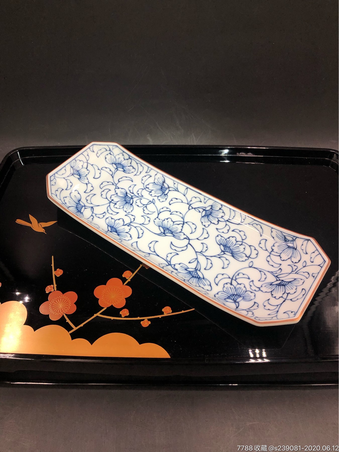 日本回流橘吉手绘青花大长盘五客一套